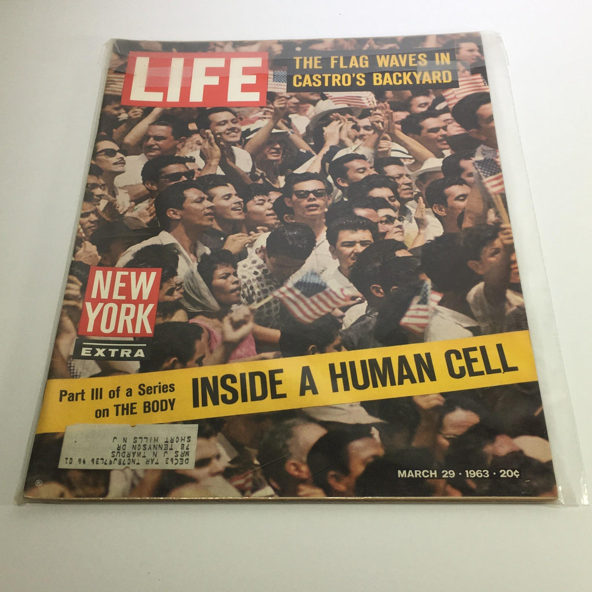 Cover of Life Magazine dated March 29, 1963, featuring the headline 'The Flag Waves in Castro's Backyard' with a lively crowd holding American flags, symbolizing the political climate of the era.