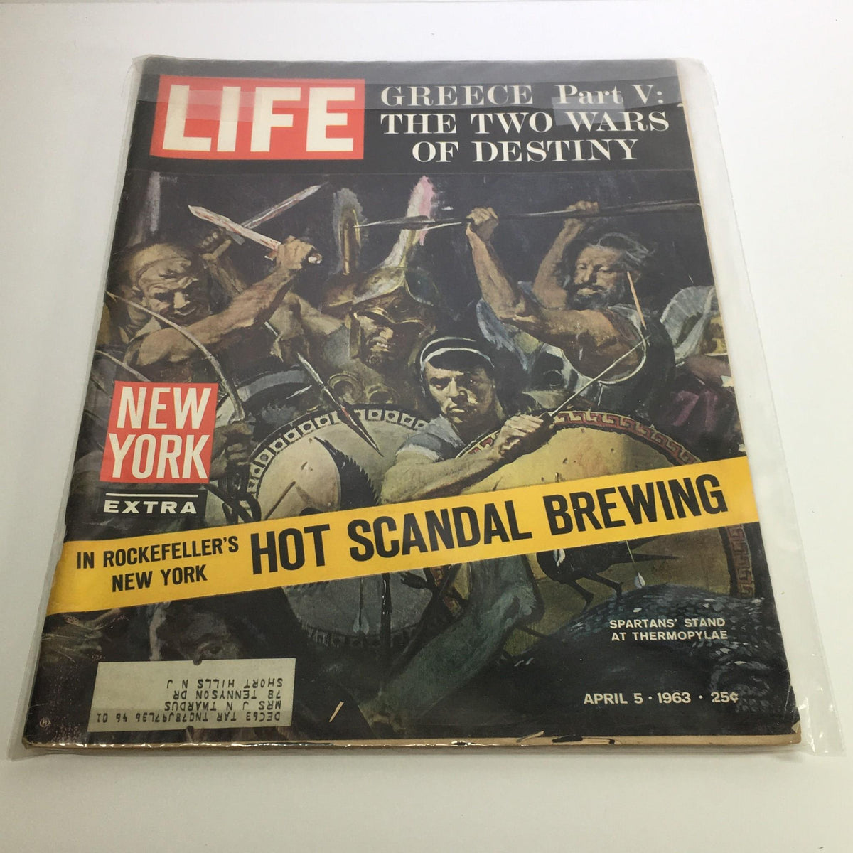 Cover of Life Magazine dated April 5, 1963, featuring an illustration of Spartan warriors in battle, with a headline about Greece's Part V: The Two Wars of Destiny and a mention of the Spartans' Stand at Thermopylae.