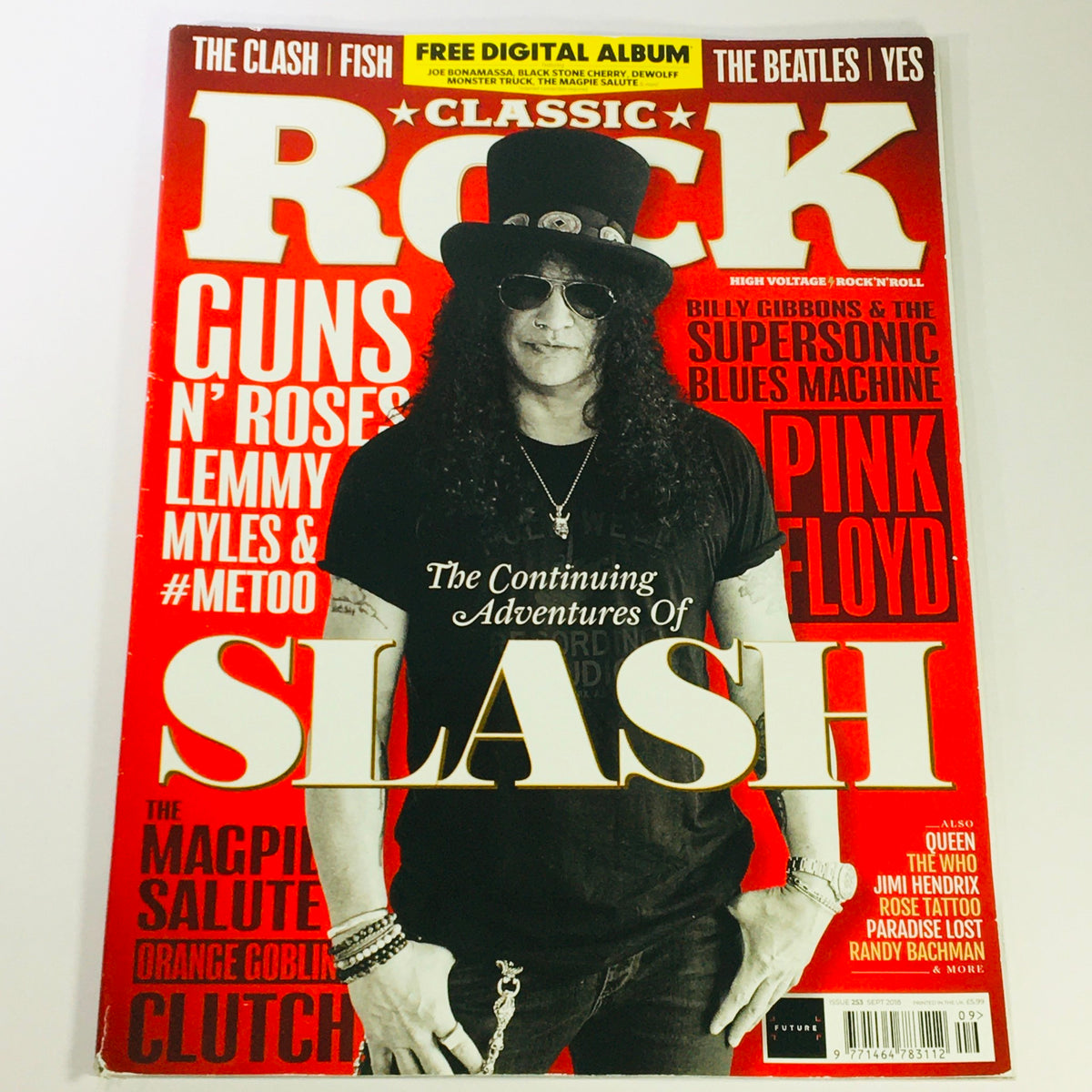 Cover of Classic Rock Magazine September 2018 #253 featuring Slash with iconic imagery and text highlighting rock legends like Guns N' Roses and The Clash.