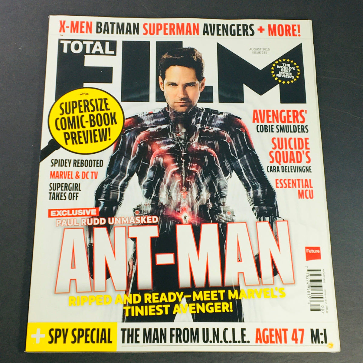 Total Film Magazine August 2015 cover featuring Paul Rudd unmasked as Ant-Man, highlighted alongside Cara Delevingne. Collectible issue showcasing film news and insights from that era.