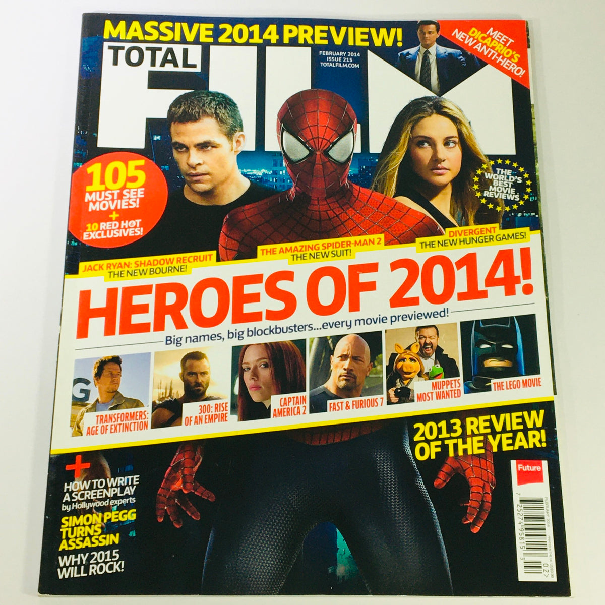 Total Film Magazine February 2014 cover featuring Chris Pine, Andrew Garfield, and Dwayne Johnson. Highlights include 'Heroes of 2014,' previews of big blockbusters like The Amazing Spider-Man 2 and Divergent.