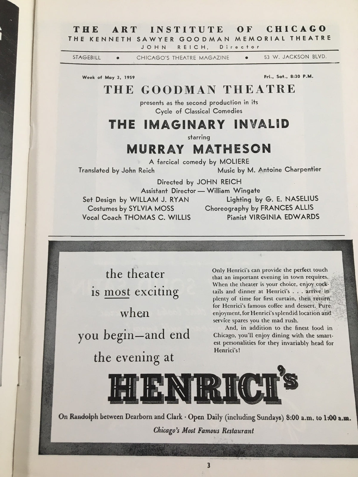 1959 Stagebill The Goodman Theatre showcasing details of the play 'The Imaginary Invalid' starring Murray Matheson, along with production credits and details about the performance.