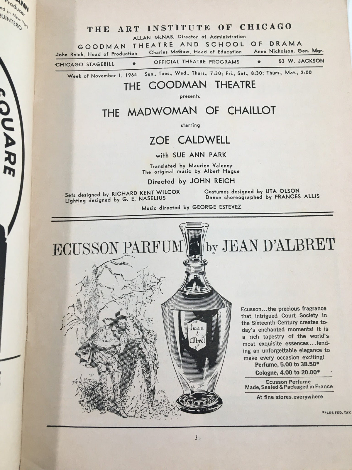 1964 stagebill from The Goodman Theatre featuring Zoe Caldwell in The Madwoman of Chaillot. This historical document showcases the performance details, including cast and crew, and is a collectible item for theatre enthusiasts.
