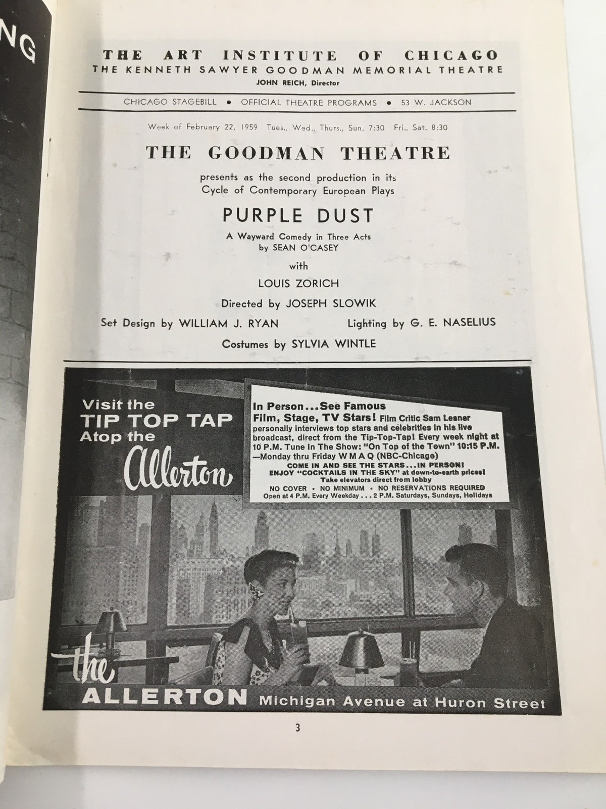 Inside page of the 1959 Stagebill from The Goodman Theatre for Purple Dust, detailing the play and its presentation.