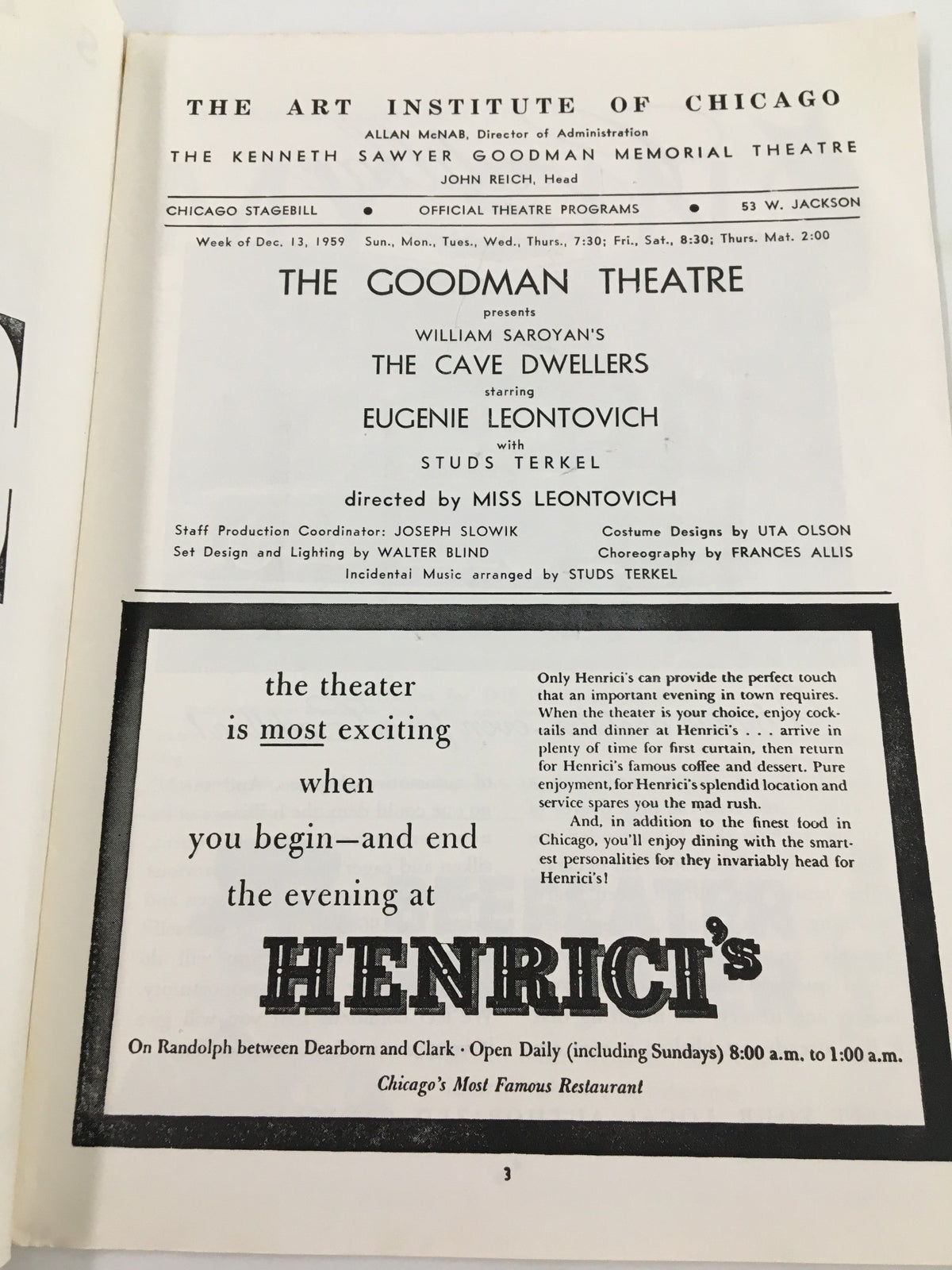 Interior page of the 1959 Stagebill The Goodman Theatre, detailing The Cave Dwellers, featuring Eugenie Leontovich and production credits.