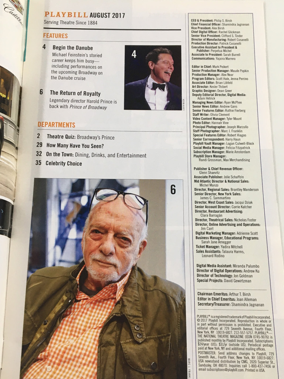 Inside page of the August 2017 Playbill featuring content from Belasco Theatre, including segments on Broadway's Prince and celebrity choice.