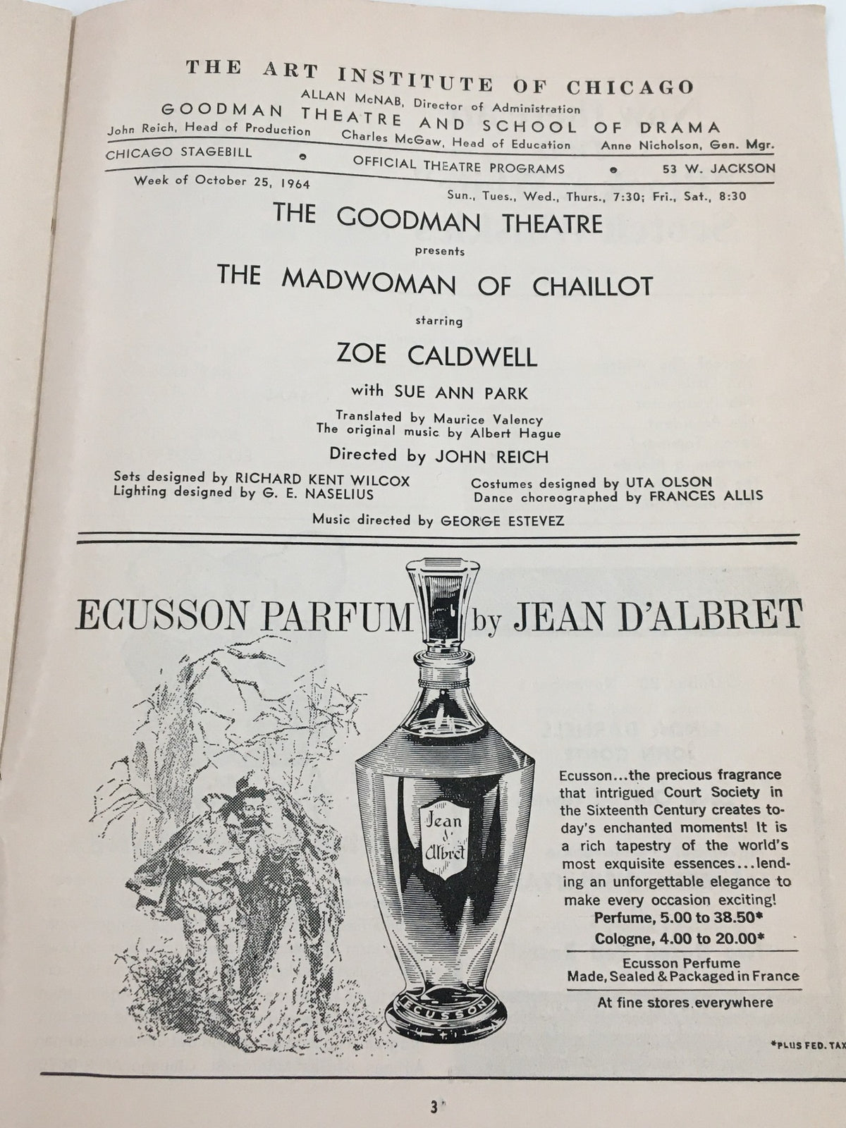 1964 Stagebill from Goodman Theatre presenting The Madwoman of Chaillot, featuring details on the play and cast, including Sue Ann Park and Zoe Caldwell, related to the Chicago arts scene.