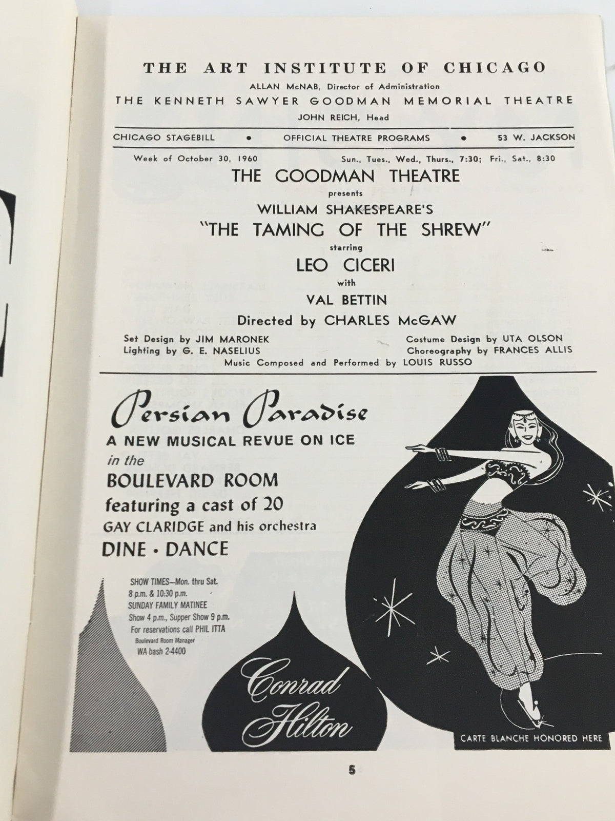Inside view of the 1960 Stagebill for The Taming of The Shrew with details of the Goodman Theatre's presentation, including cast and crew credits.