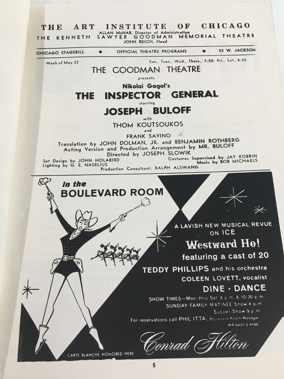 Interior of 1960 Stagebill from Goodman Memorial Theatre highlighting The Inspector General by Nikolai Gogol. Includes details about the artistic presentation and cast.