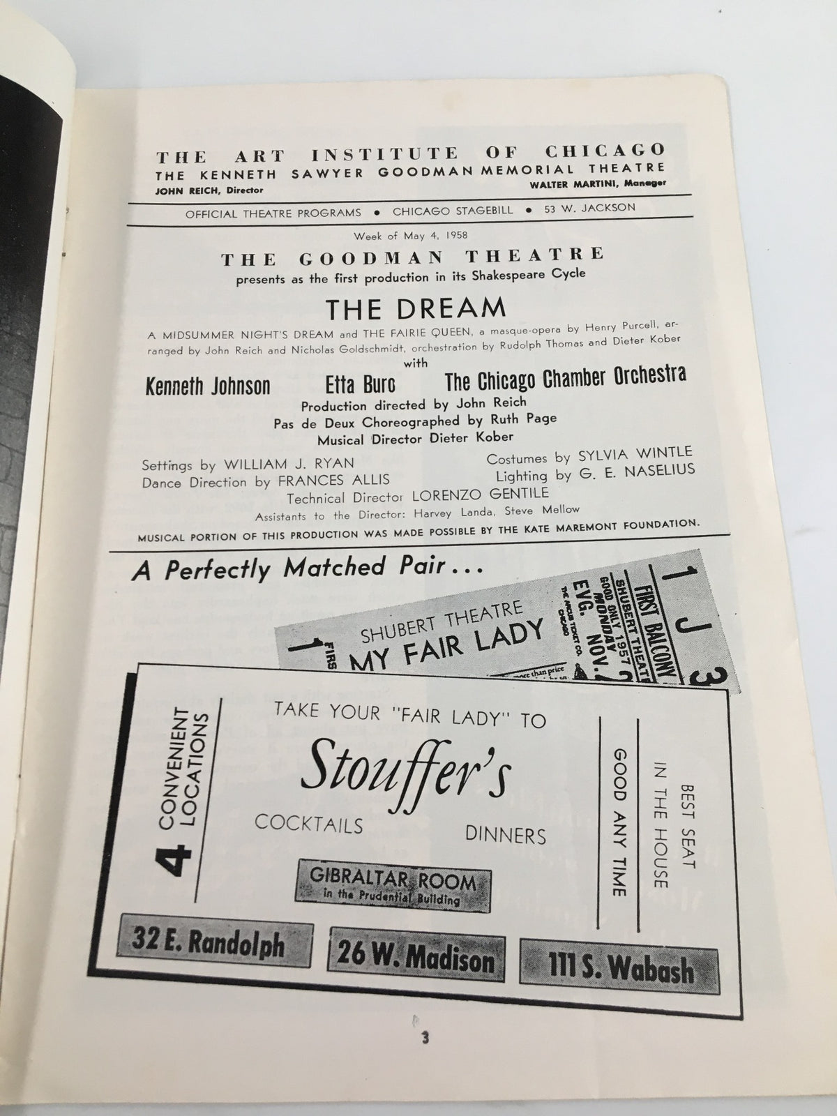 1958 Stagebill from the Goodman Memorial Theatre featuring Kenneth Johnson and Etta Buro in the production of "The Dream." Displayed inside the stagebill are details about the performance, cast, and musical direction.