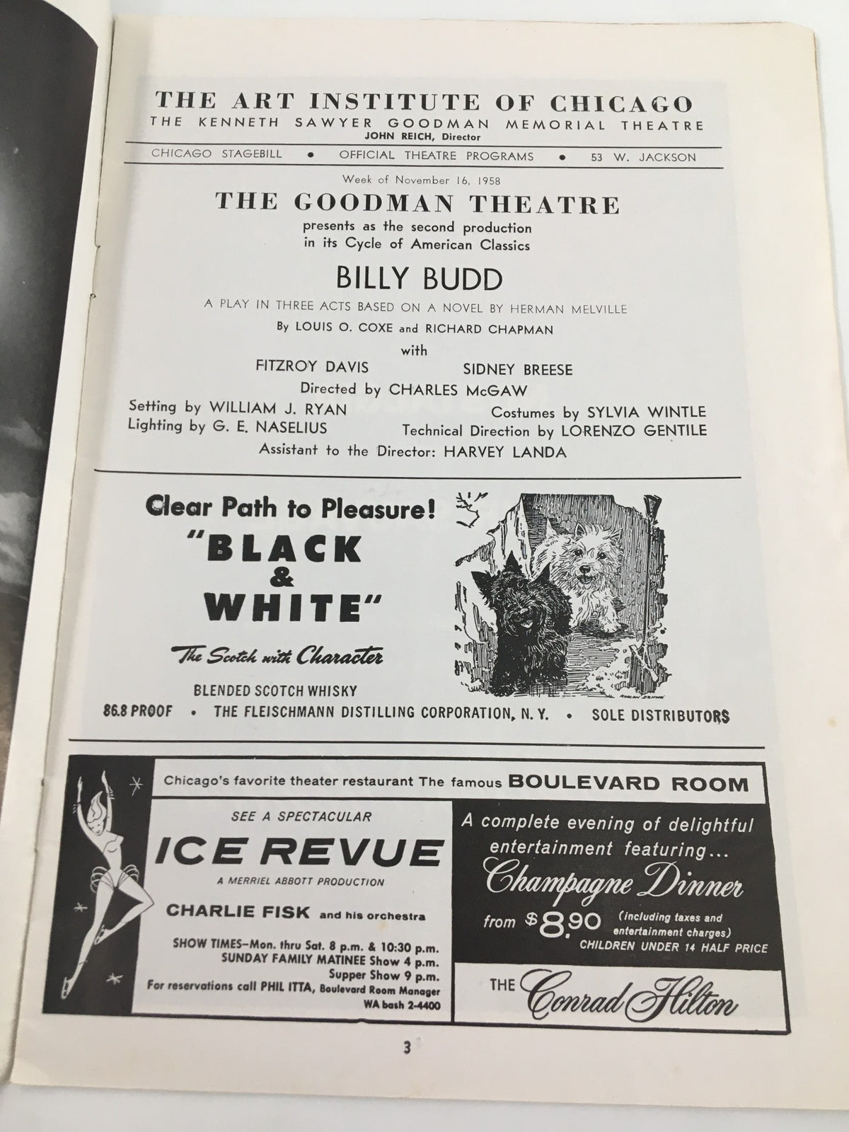 Interior page of the 1958 Stagebill from Goodman Memorial Theatre for Billy Budd, displaying cast credits and promotional content related to the performance.