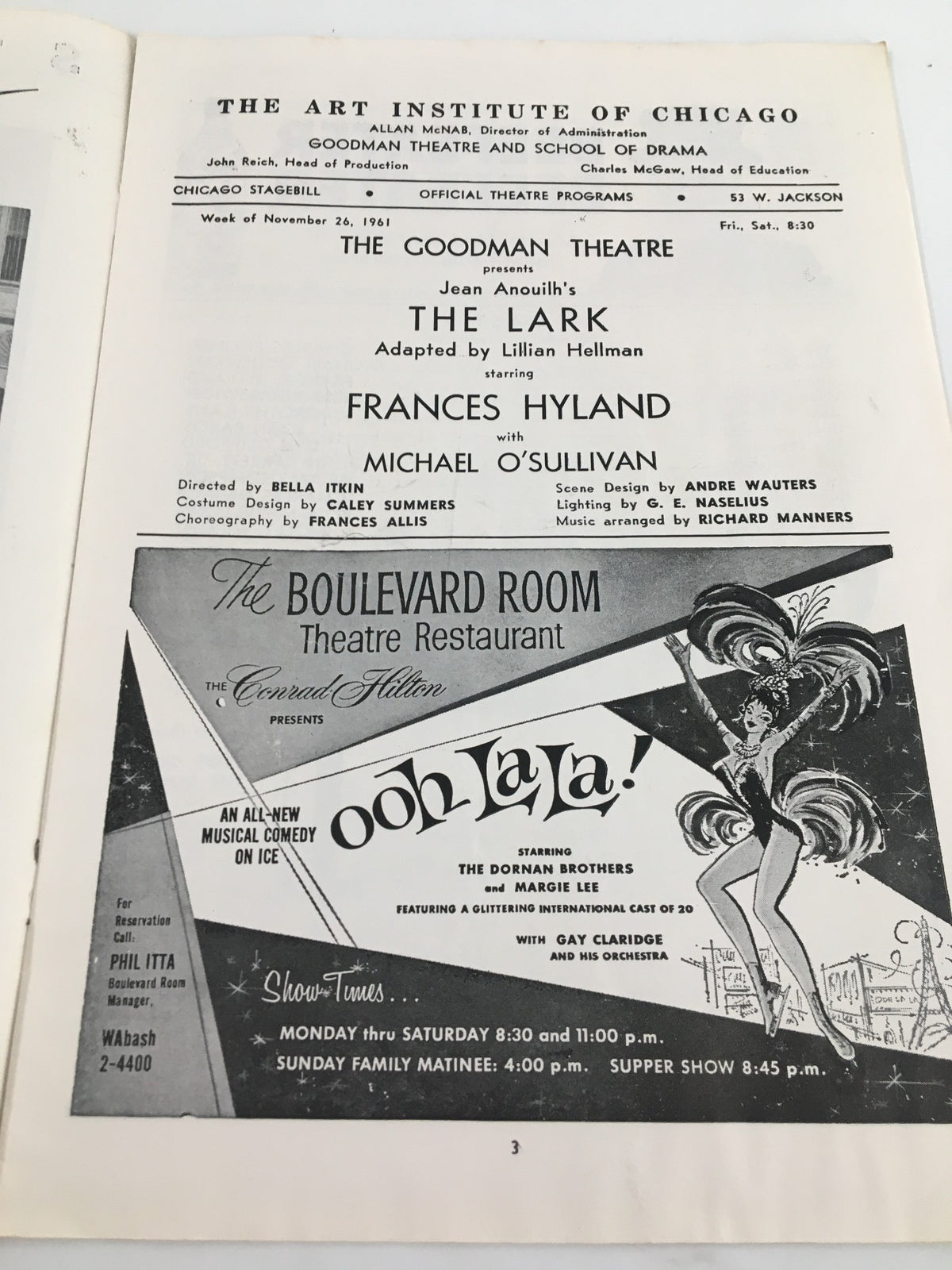 Inside view of the 1961 Stagebill for The Lark, listing cast and staff details, including Frances Hyland, with information about the Goodman Theatre and the Boulevard Room Theatre Restaurant.