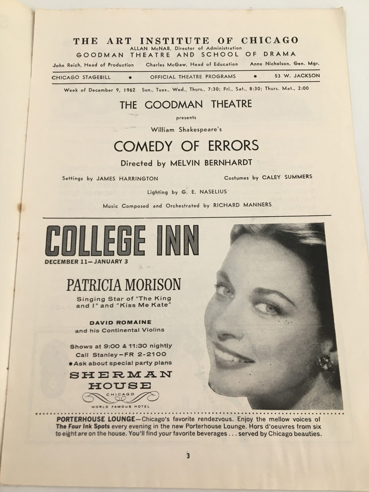 1962 Stagebill from Goodman Memorial Theatre featuring William Shakespeare's Comedy of Errors, showcasing a vintage theatrical program with details about the play and cast.