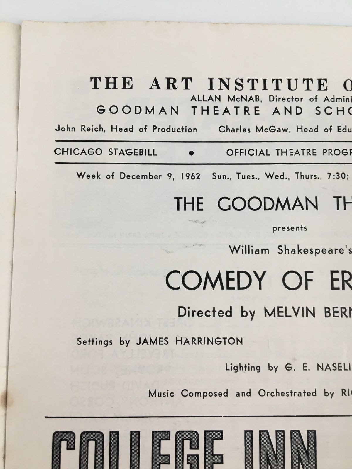 Close-up of the 1962 Stagebill from Goodman Memorial Theatre for William Shakespeare's Comedy of Errors, highlighting the production information and artistic elements.