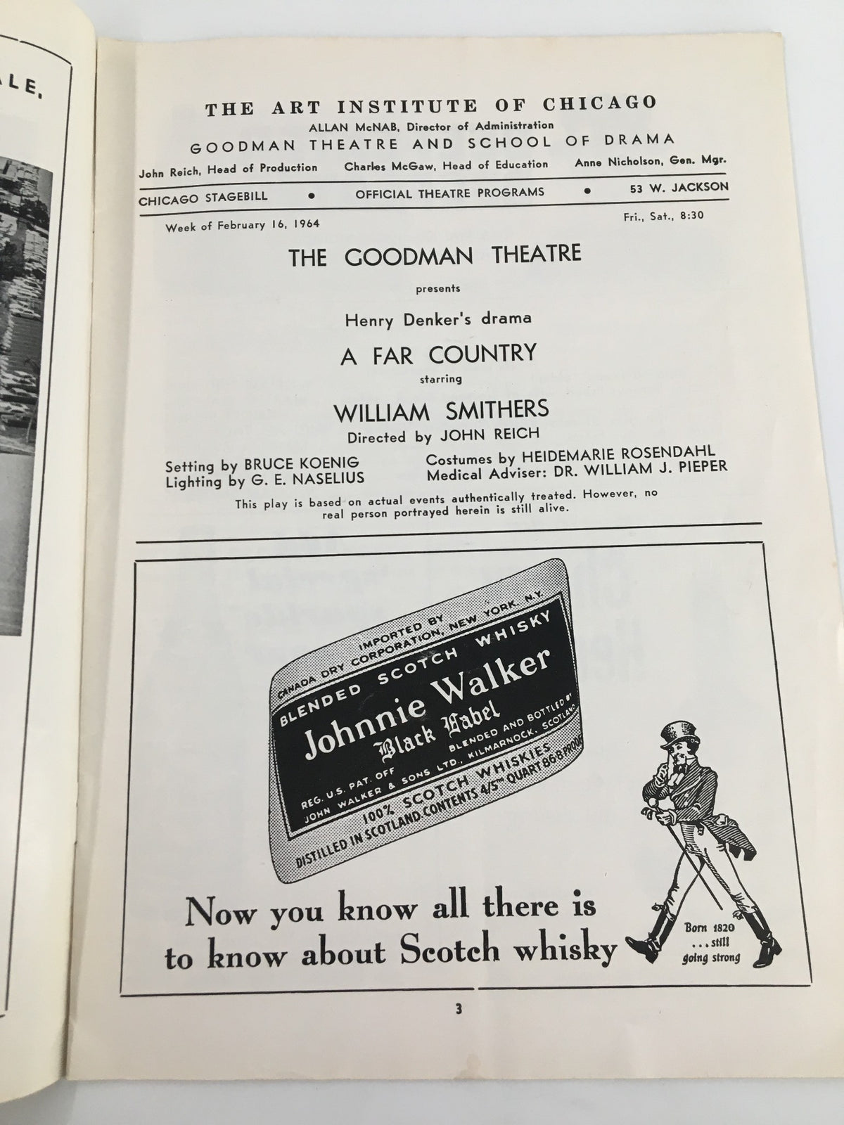 Inside page of the 1964 Goodman Theatre stagebill for 'A Far Country', showcasing details of the performance starring William Smithers.