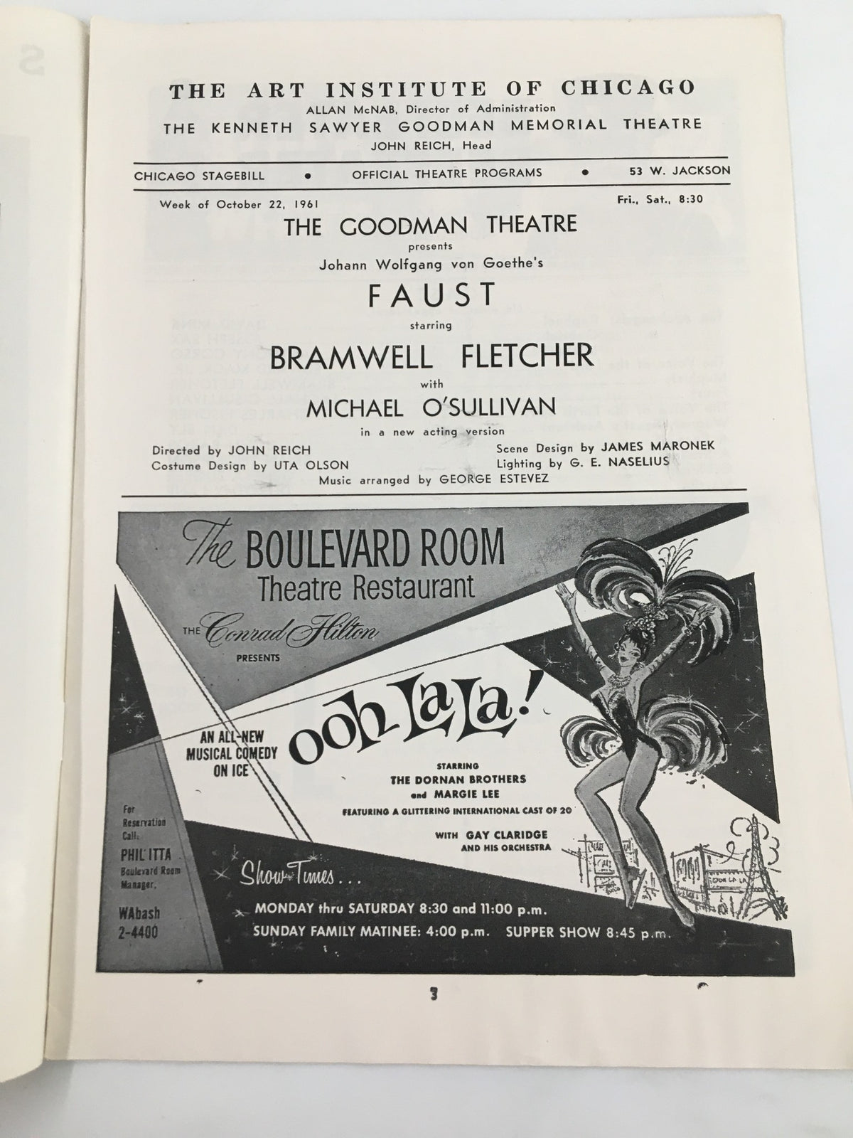 1961 Stagebill Goodman Theatre program page highlighting the performance of Faust, starring Bramwell Fletcher and Michael O'Sullivan, with details of the show and production.