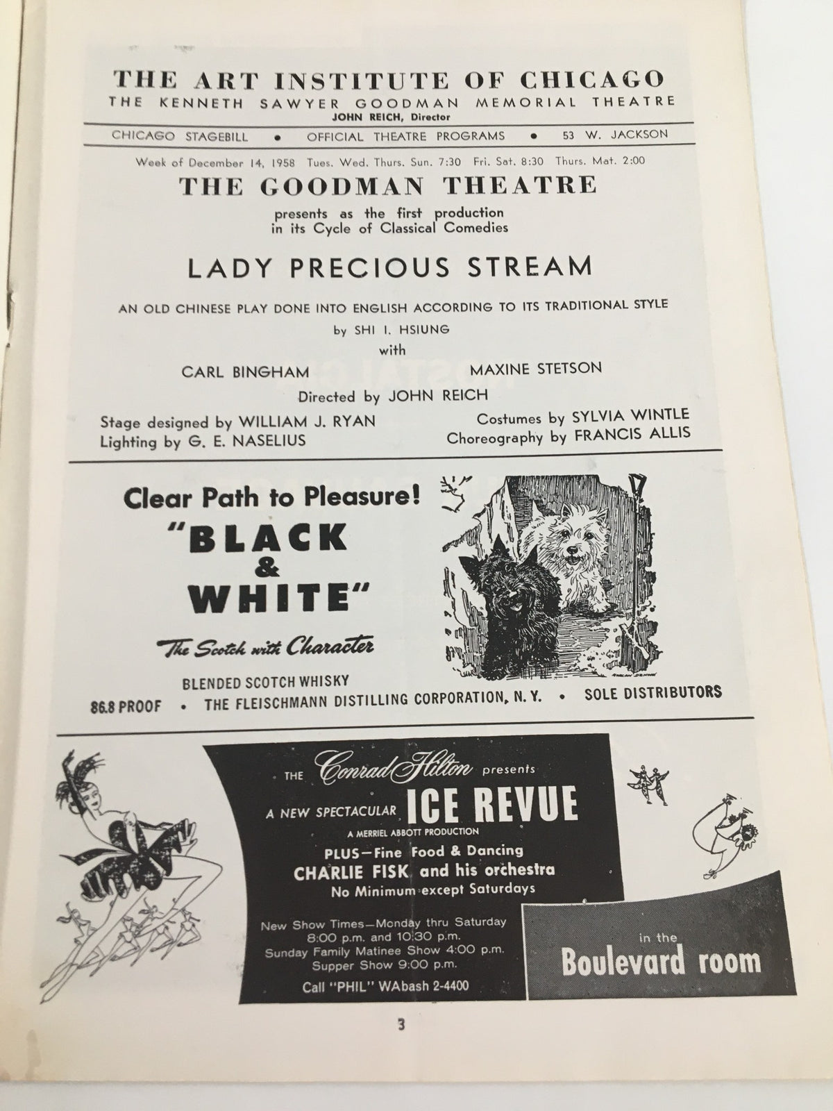 1958 Stagebill for Lady Precious Stream at Goodman Theatre, featuring Carl Bingham, directed by John Reich, showcasing production details and cast information.