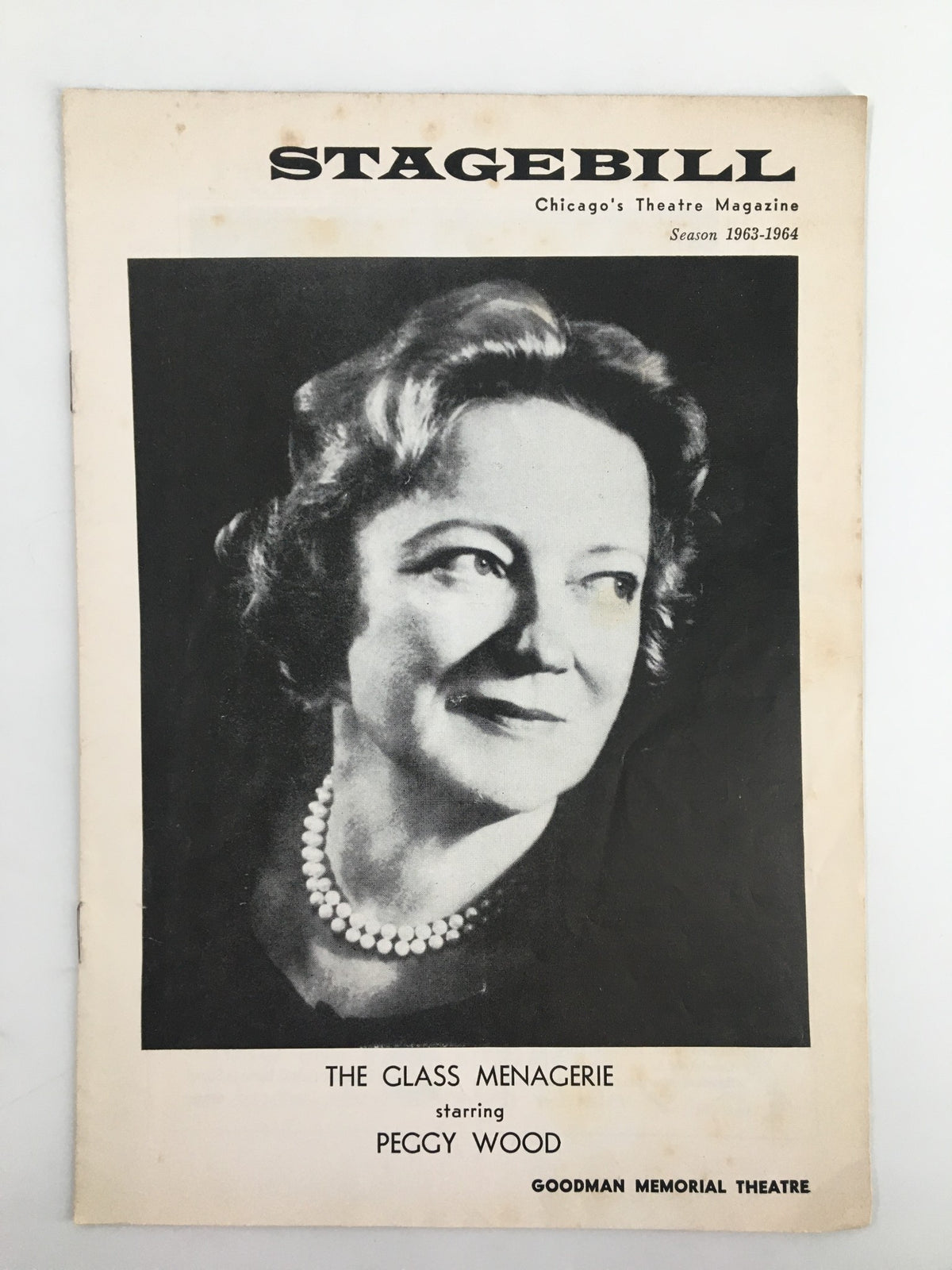 1964 Stagebill featuring Peggy Wood in The Glass Menagerie at The Goodman Theatre, showcasing a black and white portrait of the actress.