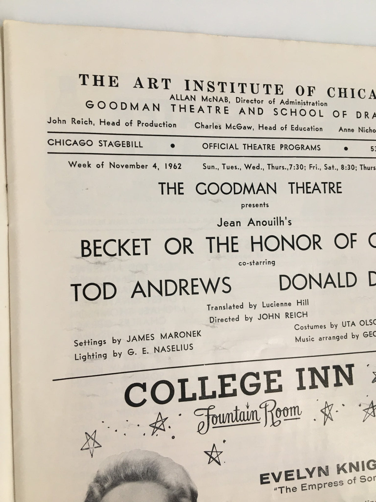 1962 Stagebill The Goodman Theatre Tod Andrews & Donald Davis in Becket