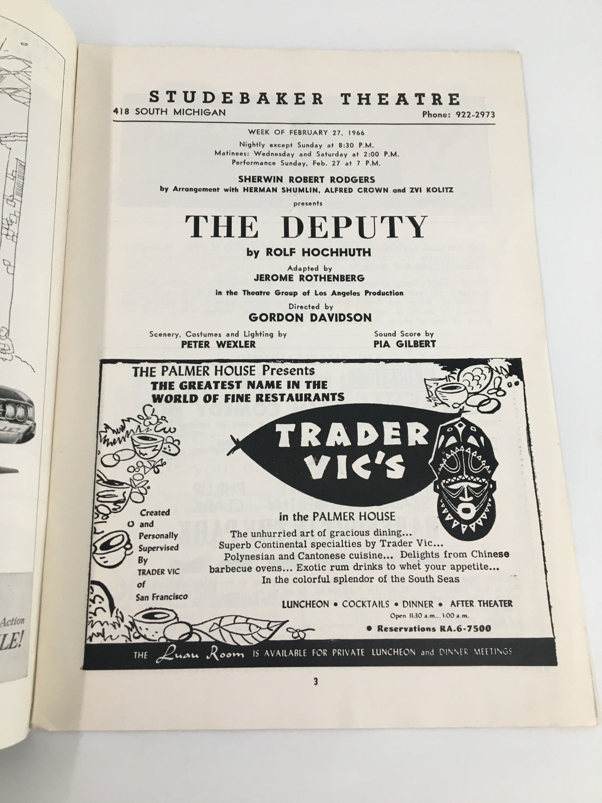 Interior page of the 1966 Stagebill for 'The Deputy,' featuring performance details, including cast and crew credits, at the Studebaker Theatre.
