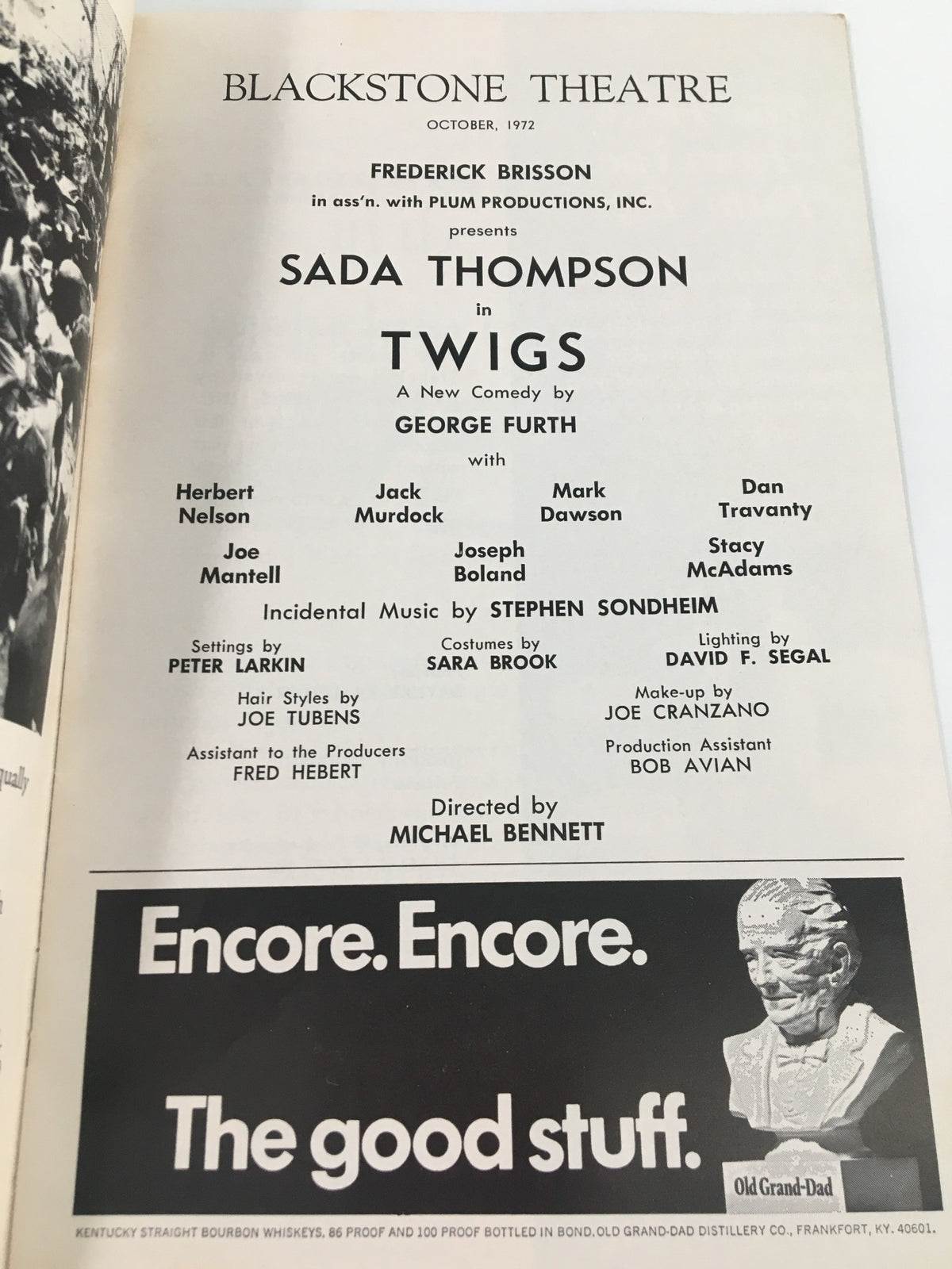 1972 Stagebill from Blackstone Theatre featuring Sada Thompson in the play 'Twigs' by George Furth, showcasing cast and production details.