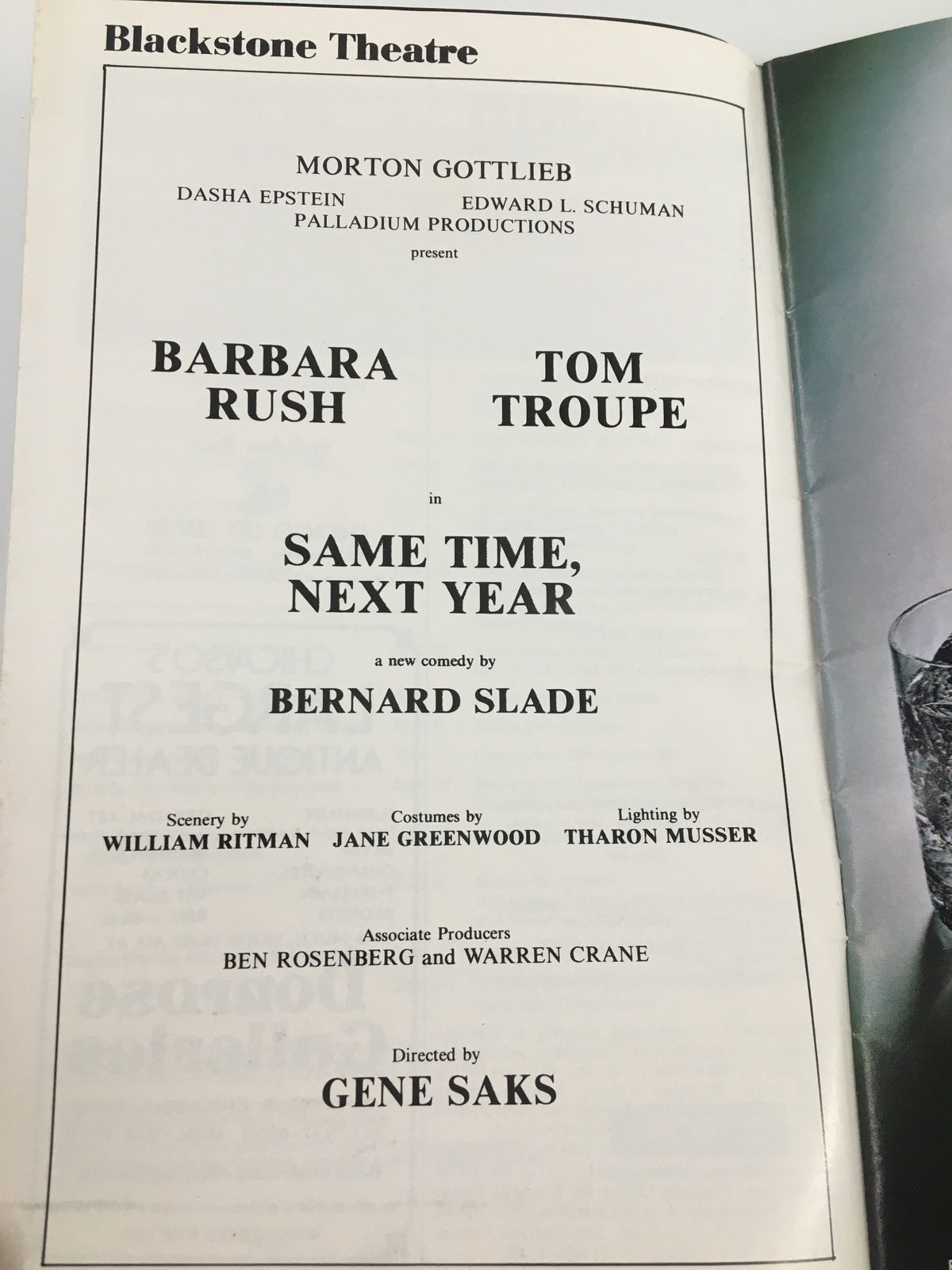 Page in the 1976 Stagebill for Blackstone Theatre presenting Barbara Rush and Tom Lupo in 'Same Time, Next Year', including production details.