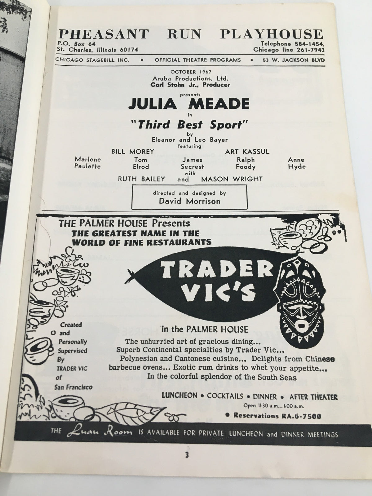 1967 Stagebill for 'Third Best Sport' starring Julia Meade at Pheasant Ruin Playhouse, featuring vintage theater details and artwork.