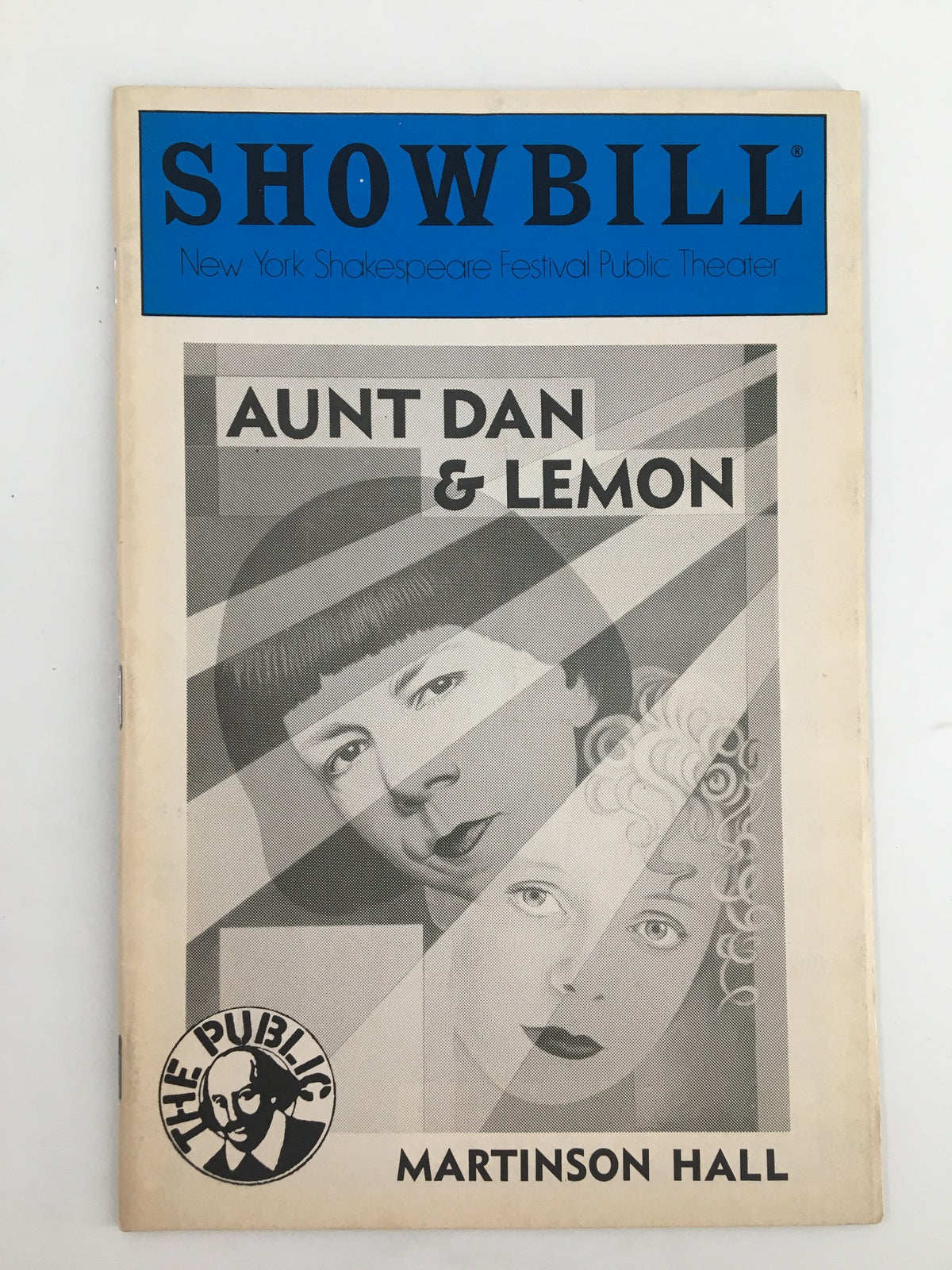 1985 Showbill for The Public Theater featuring Aunt Dan and Lemon at Martinson Hall, showcasing artwork of two figures with a bold graphic design.