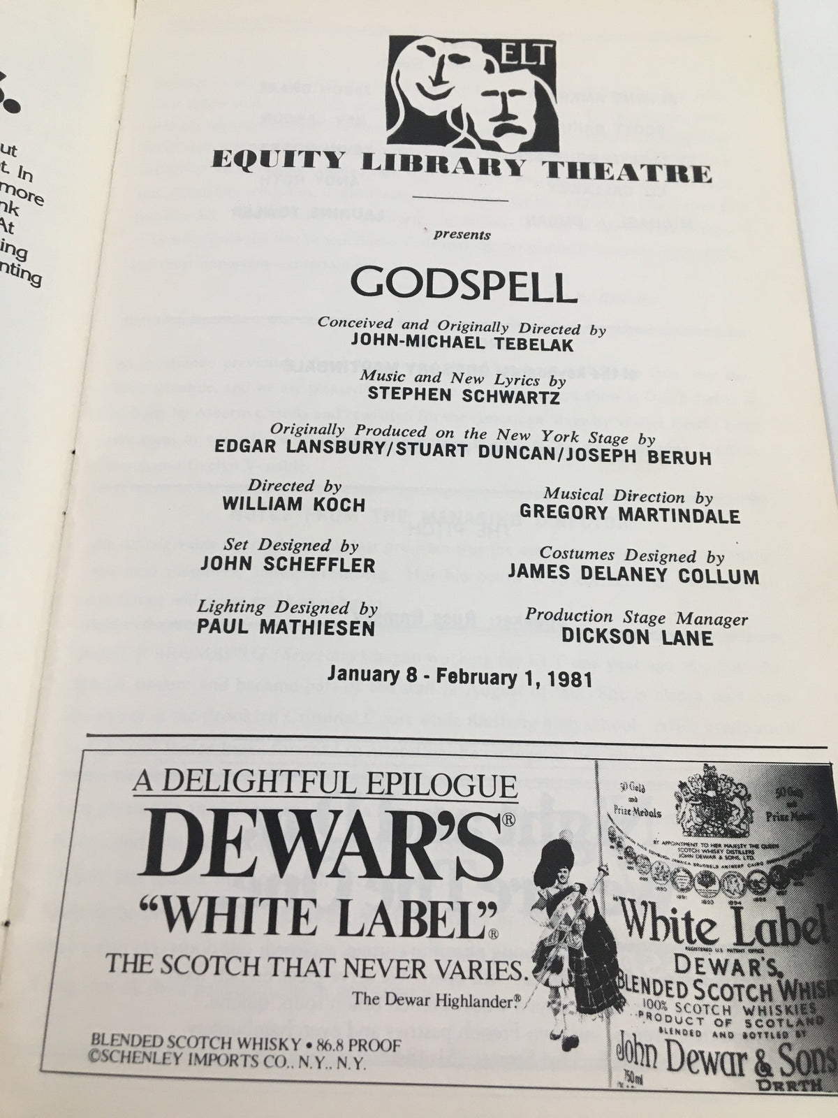 Godspell Showbill 1981 Vintage Theatre Program