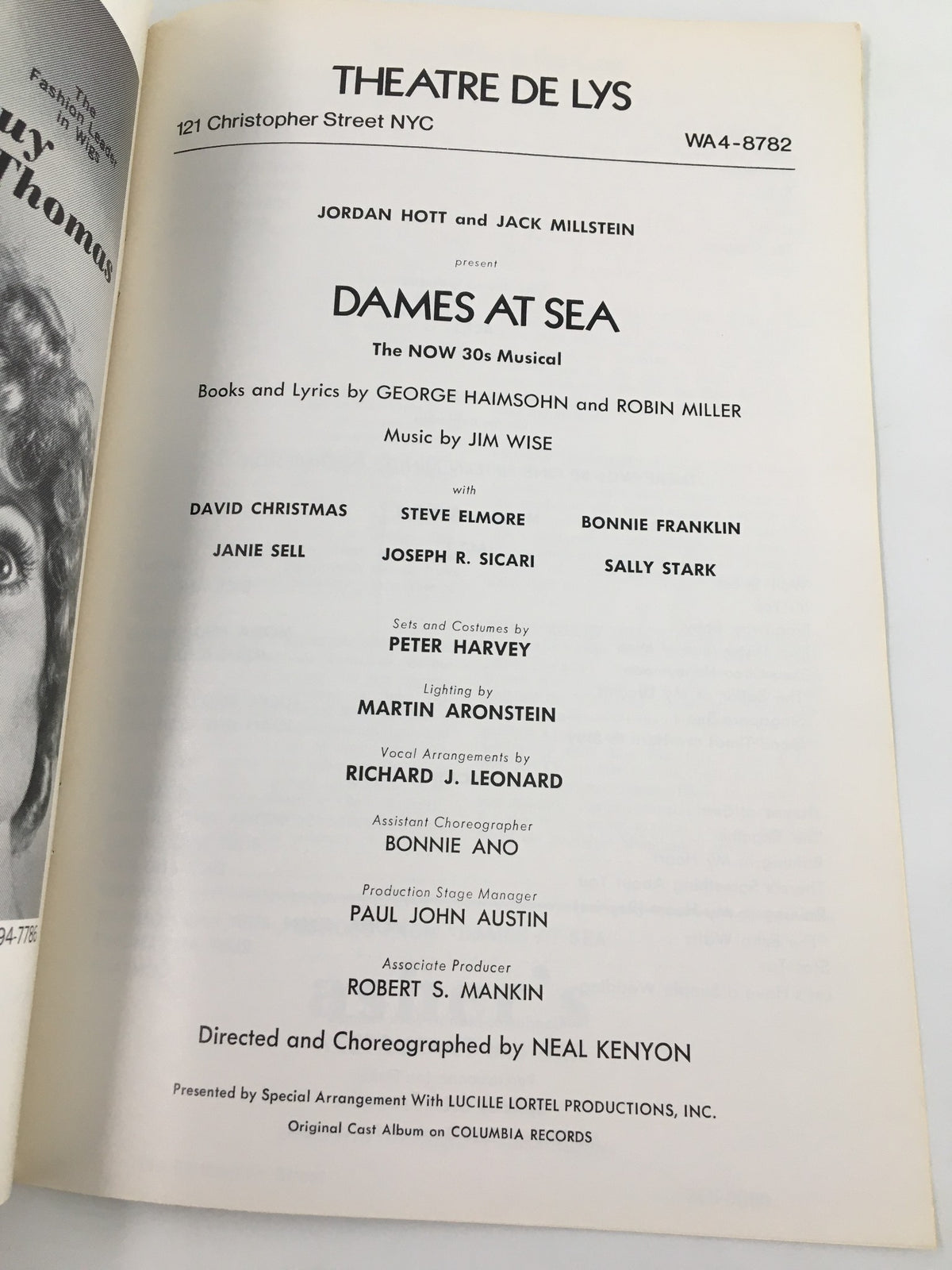Inside of the 1969 Playfare Theatre program highlighting the production details of 'Dames at Sea' presented by Jordan Hott and Jack Millstein.