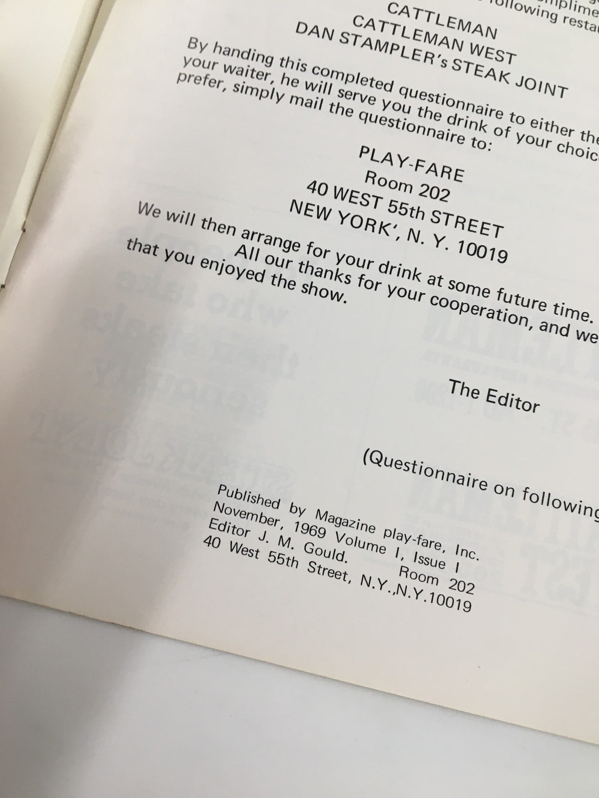 Back page of the 1969 Playfare Theatre program with contact and publisher information, linked to the show 'Dames at Sea'.