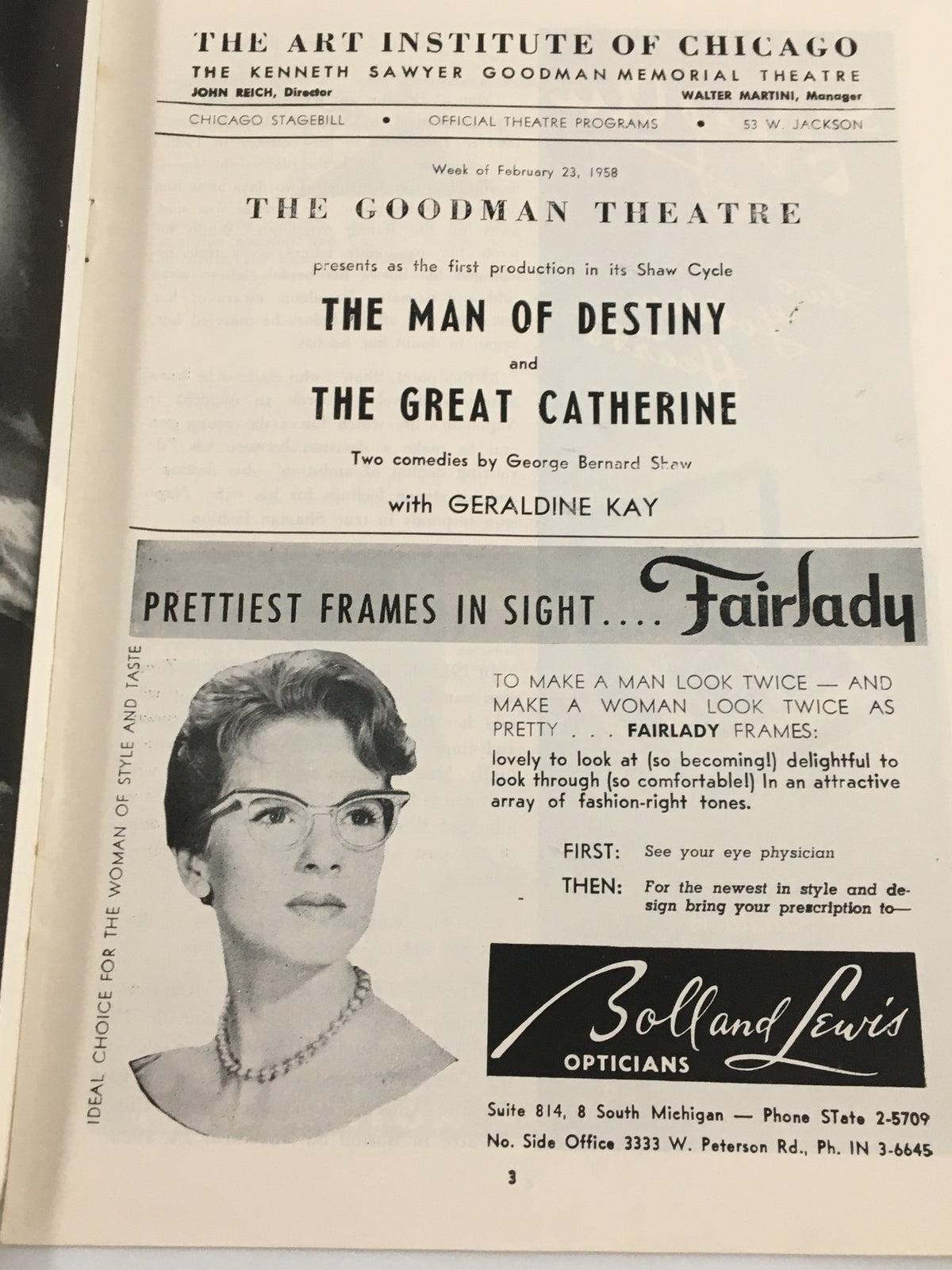 1958 Stagebill The Goodman Theatre advertisement page for The Man of Destiny and The Great Catherine, including a promotional section for Fairslady opticians featuring a woman in stylish eyewear.