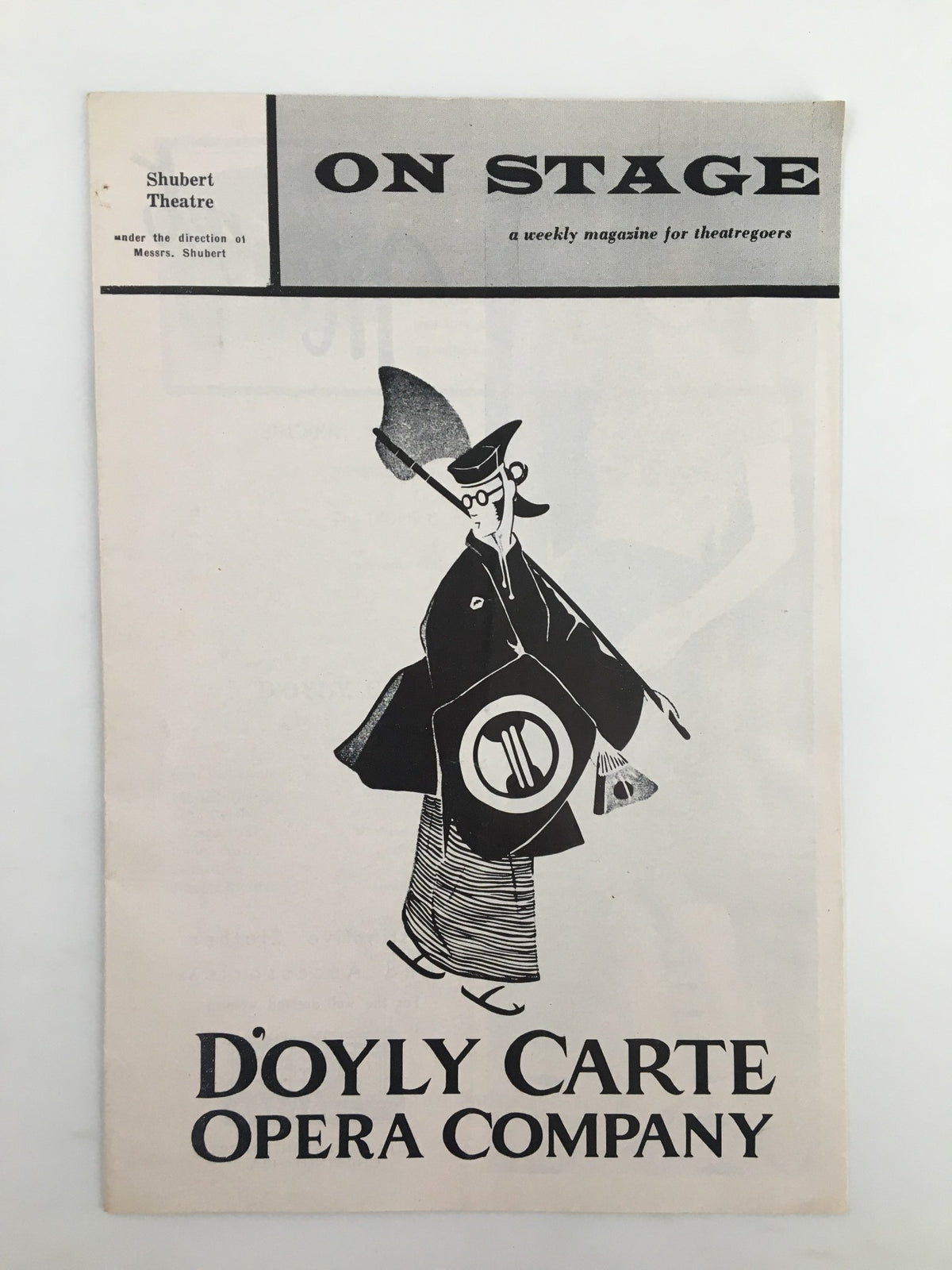 1948 On Stage Shubert Theatre program cover featuring the D'Oyly Carte Opera Company, showcasing a stylized illustration relevant to theatrical performances.