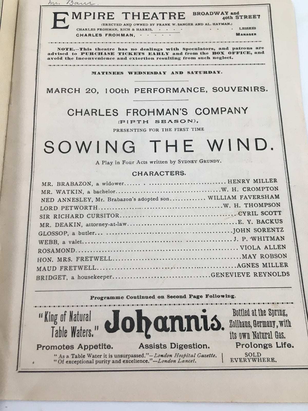 Interior page of the 1893 The Empire Theatre program listing cast members for Sowing The Wind, highlighting Charles Frohman's Company.