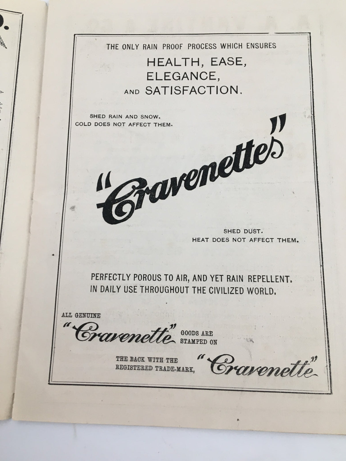 Advertisement page from the 1893 The Empire Theatre program for Sowing The Wind, promoting Cravenette products for rainproof clothing.