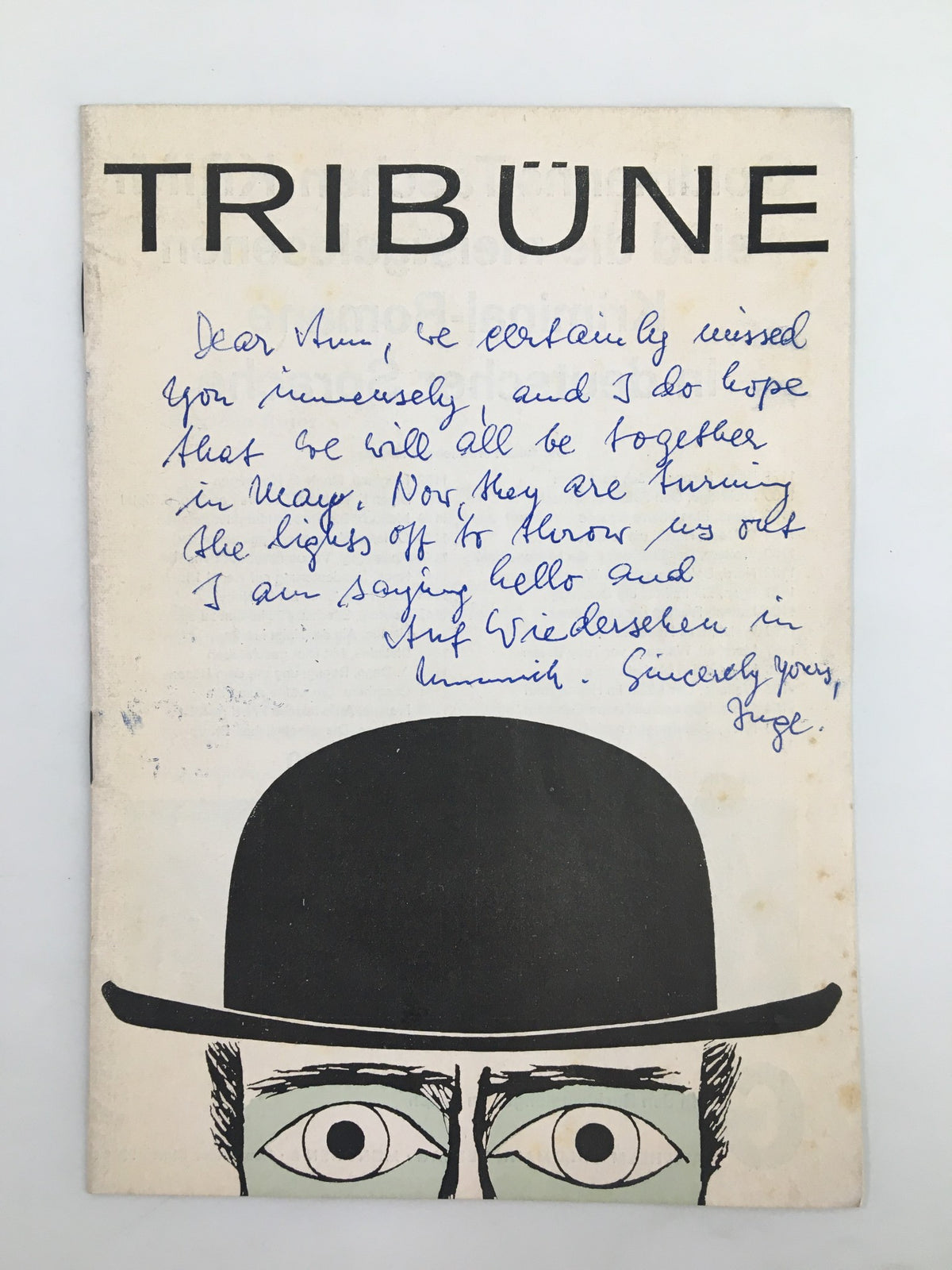 Cover of the 1963 German Program Tribune featuring Beatrice Rossi in Das Komplott, showcasing a unique artistic design and handwritten note.