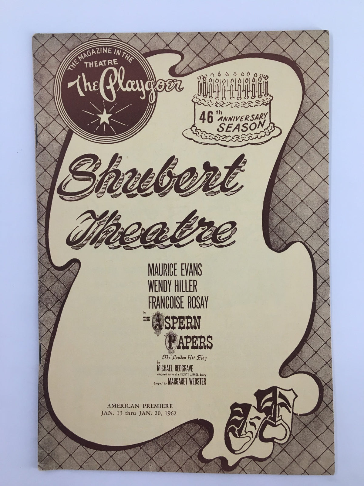 1962 The Aspern Papers program cover from The Playgoer magazine featuring the Shubert Theatre, highlighting actors Maurice Evans, Wendy Hiller, and Francoise Rosay.