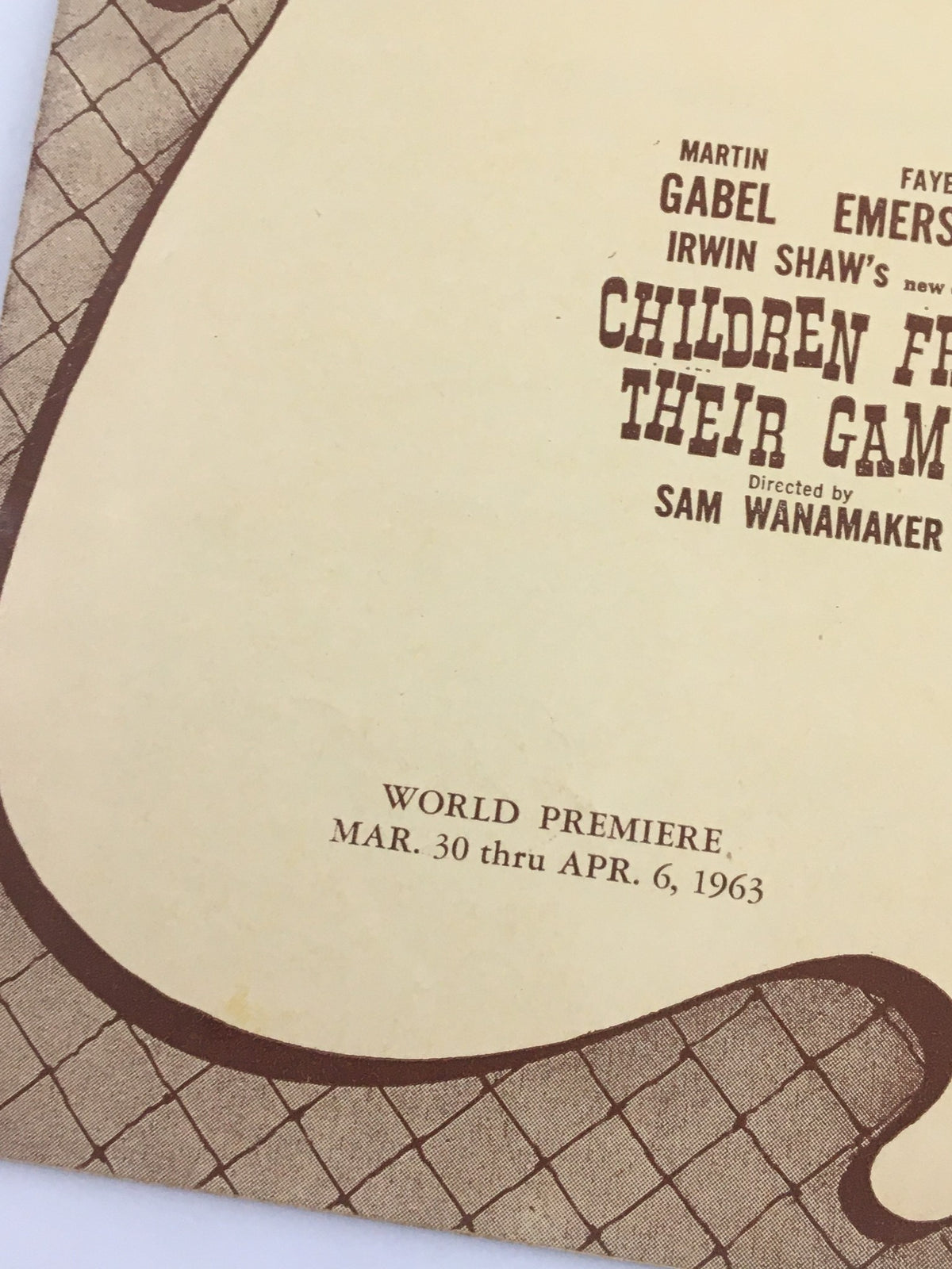 Back cover of the 1963 Playgoer program, highlighting the world premiere dates for 'Children From Their Games' at Shubert Theatre.