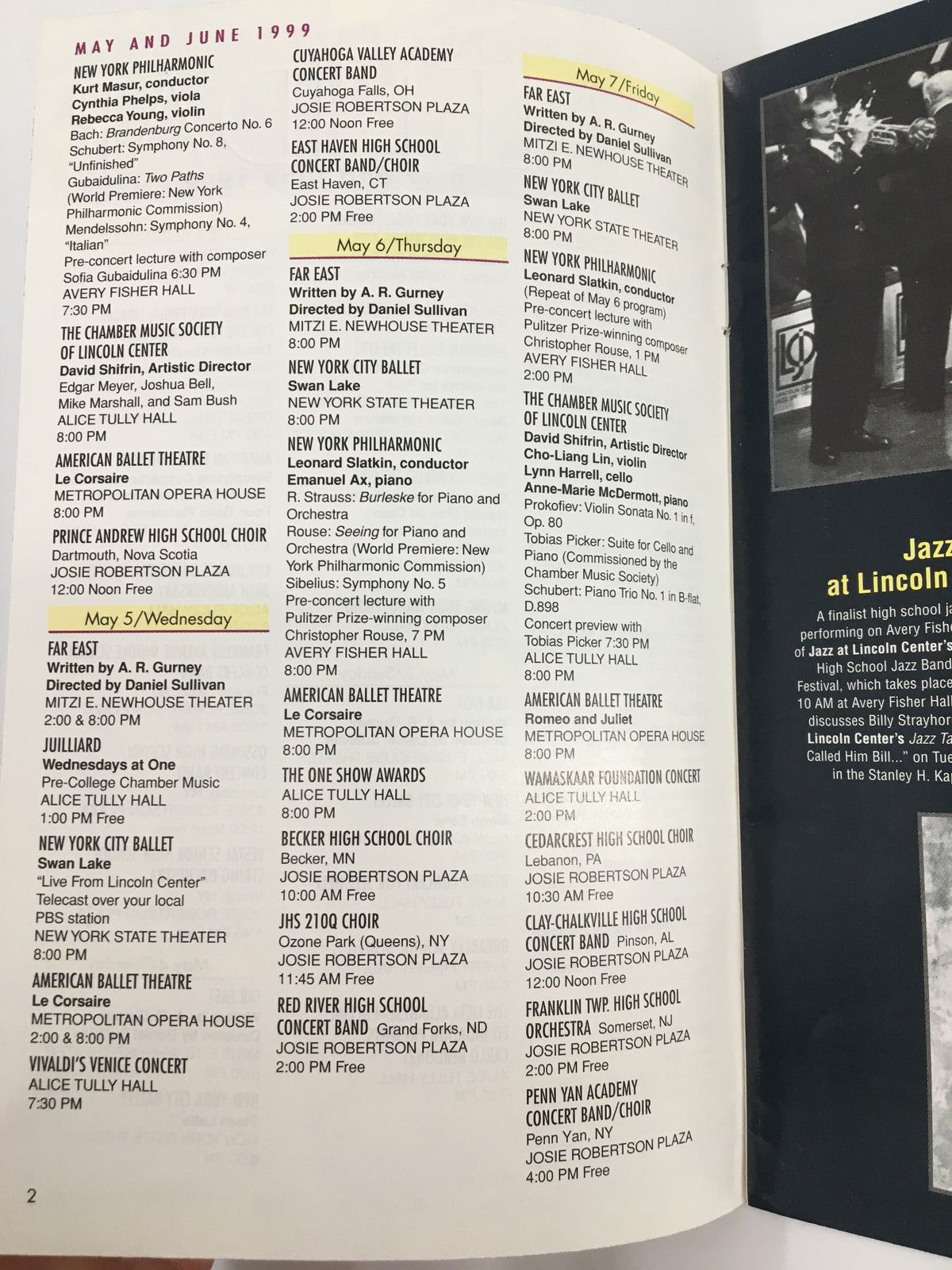 May 1999 events listings from the 1999 Stagebill Lincoln Center Calendar, featuring performances by New York Philharmonic and various arts organizations.
