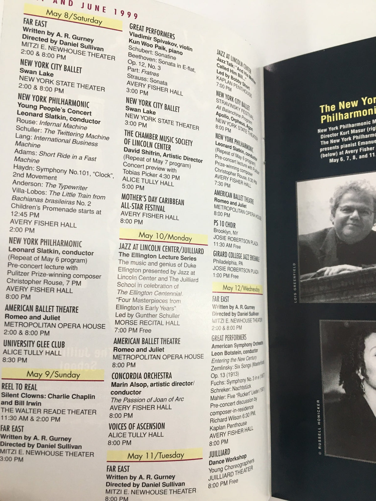 June 1999 events listings from the 1999 Stagebill Lincoln Center Calendar, highlighting performances and concerts including the New York Ballet and other cultural events.