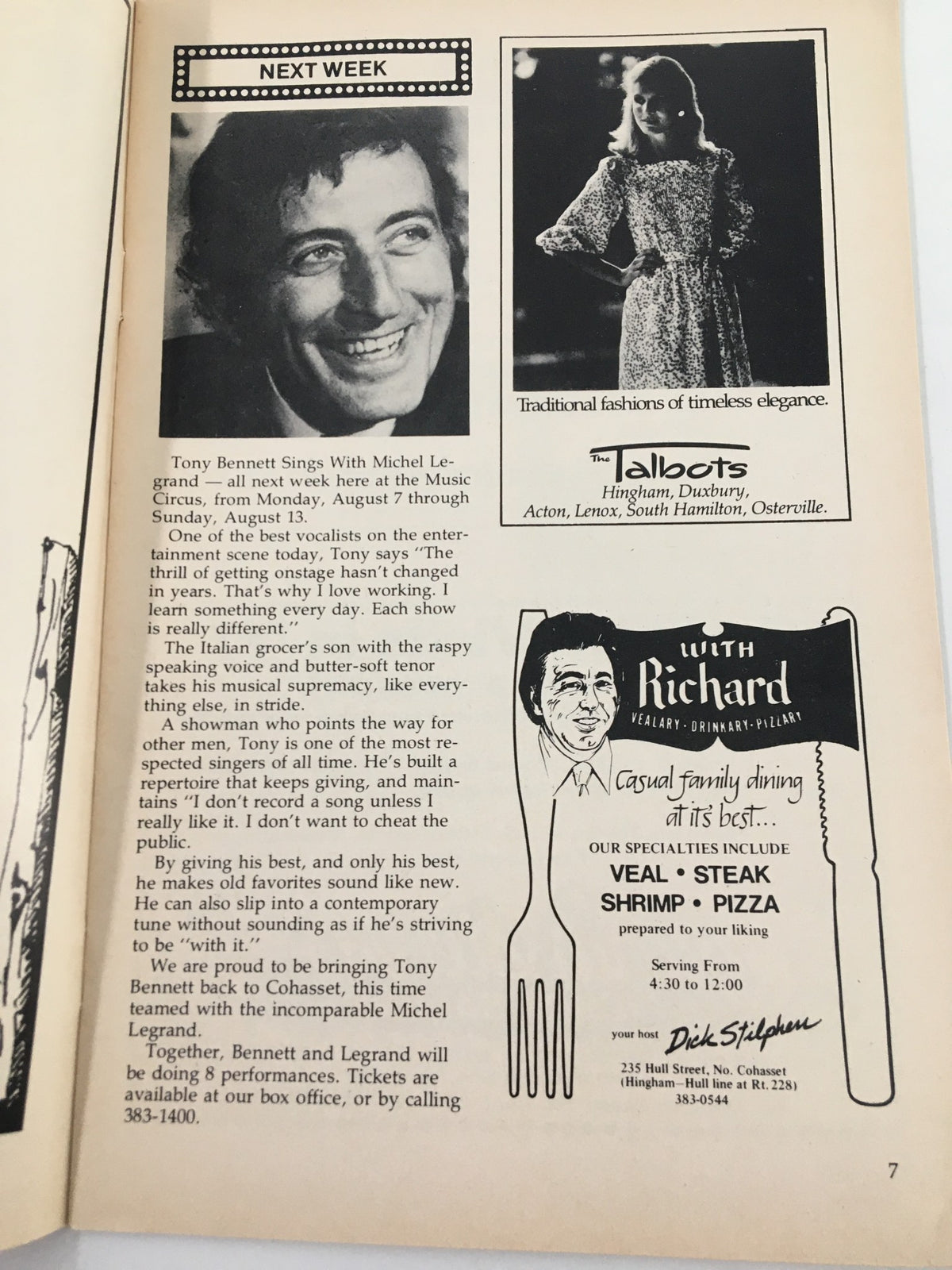 Page featuring Tony Bennett in the 1978 South Shore Music Circus program, announcing his performance with Michael Legrand.