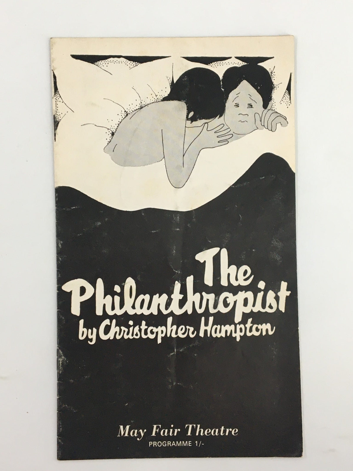 Front cover of the 1970 May Fair Theatre Programme for The Philanthropist by Christopher Hampton, featuring distinctive artwork.