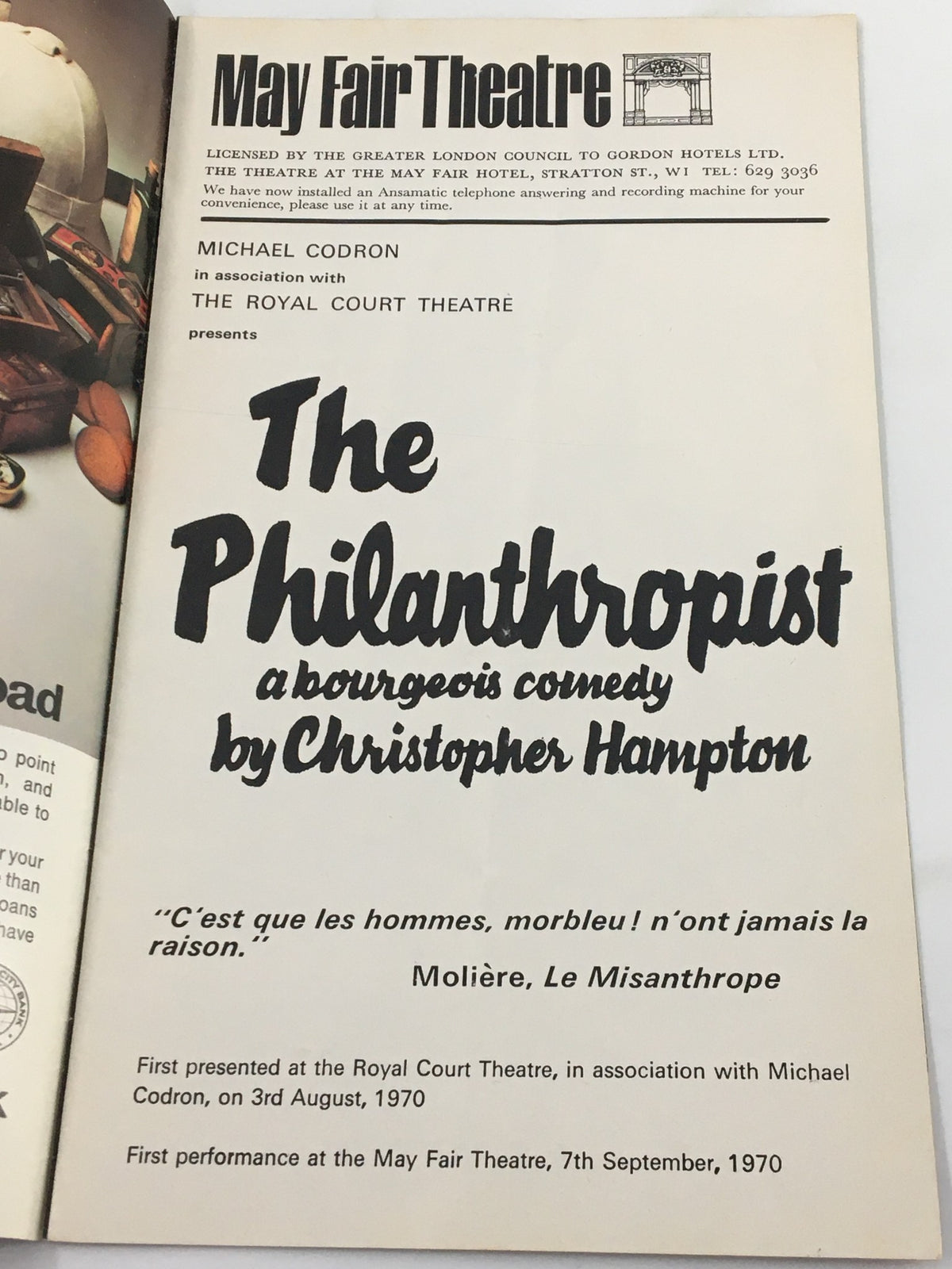 Inside page of the 1970 May Fair Theatre Programme for The Philanthropist by Christopher Hampton, detailing the production information and date.