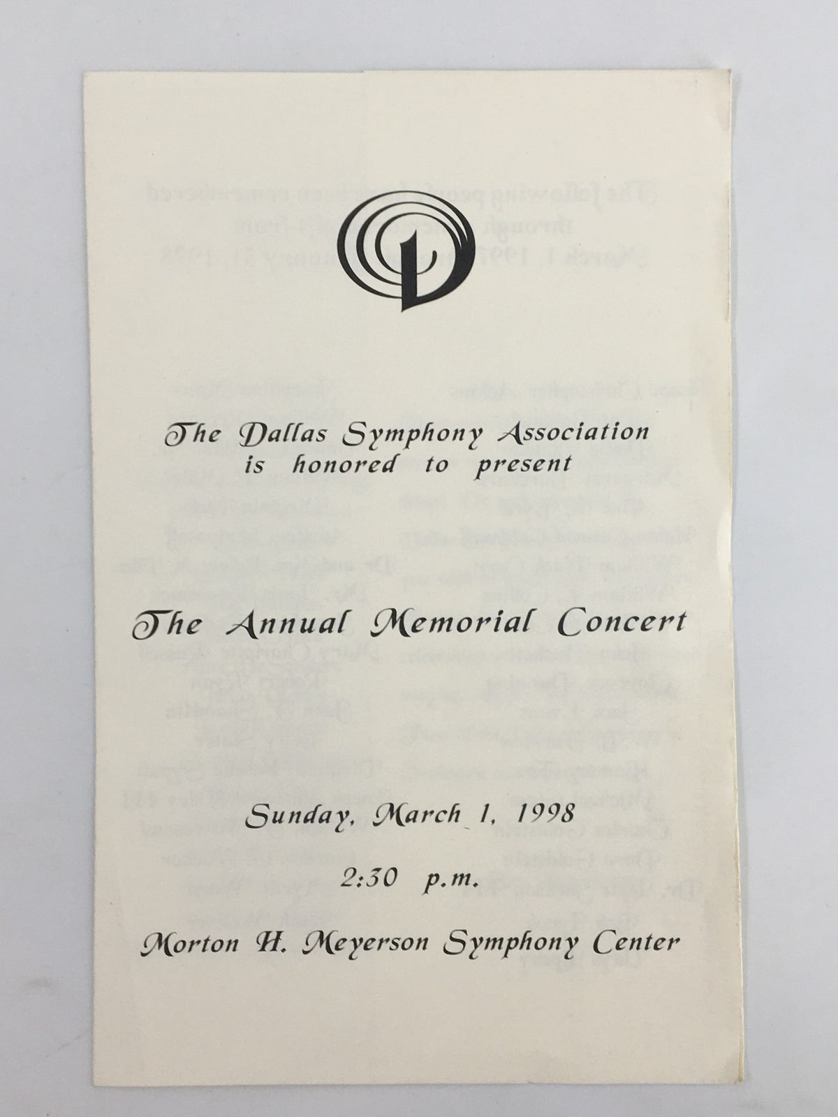 1998 Morton H. Meyerson Symphony Center The Annual Memorial Concert program cover featuring the event details and date.