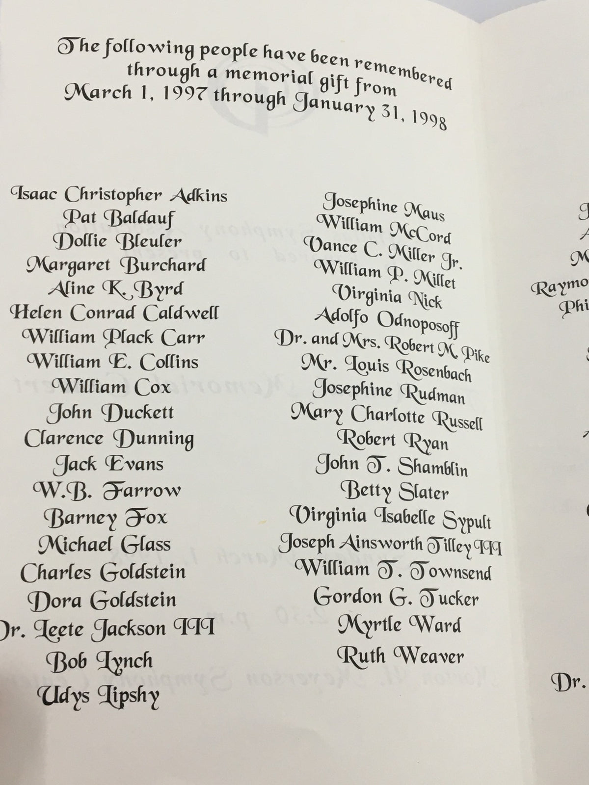 1998 Morton H. Meyerson Symphony Center The Annual Memorial Concert page listing names of individuals remembered through memorial gifts.