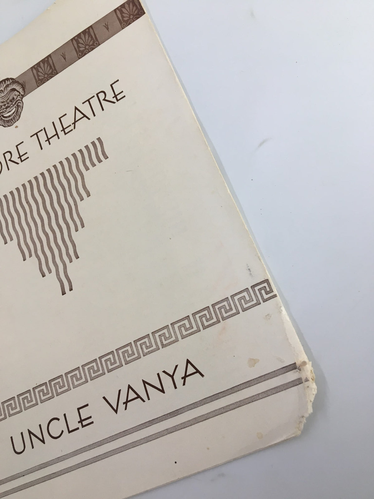 Side view of the 1930 Biltmore Theatre magazine for 'Uncle Vanya,' highlighting its vintage condition and distinctive cover design.