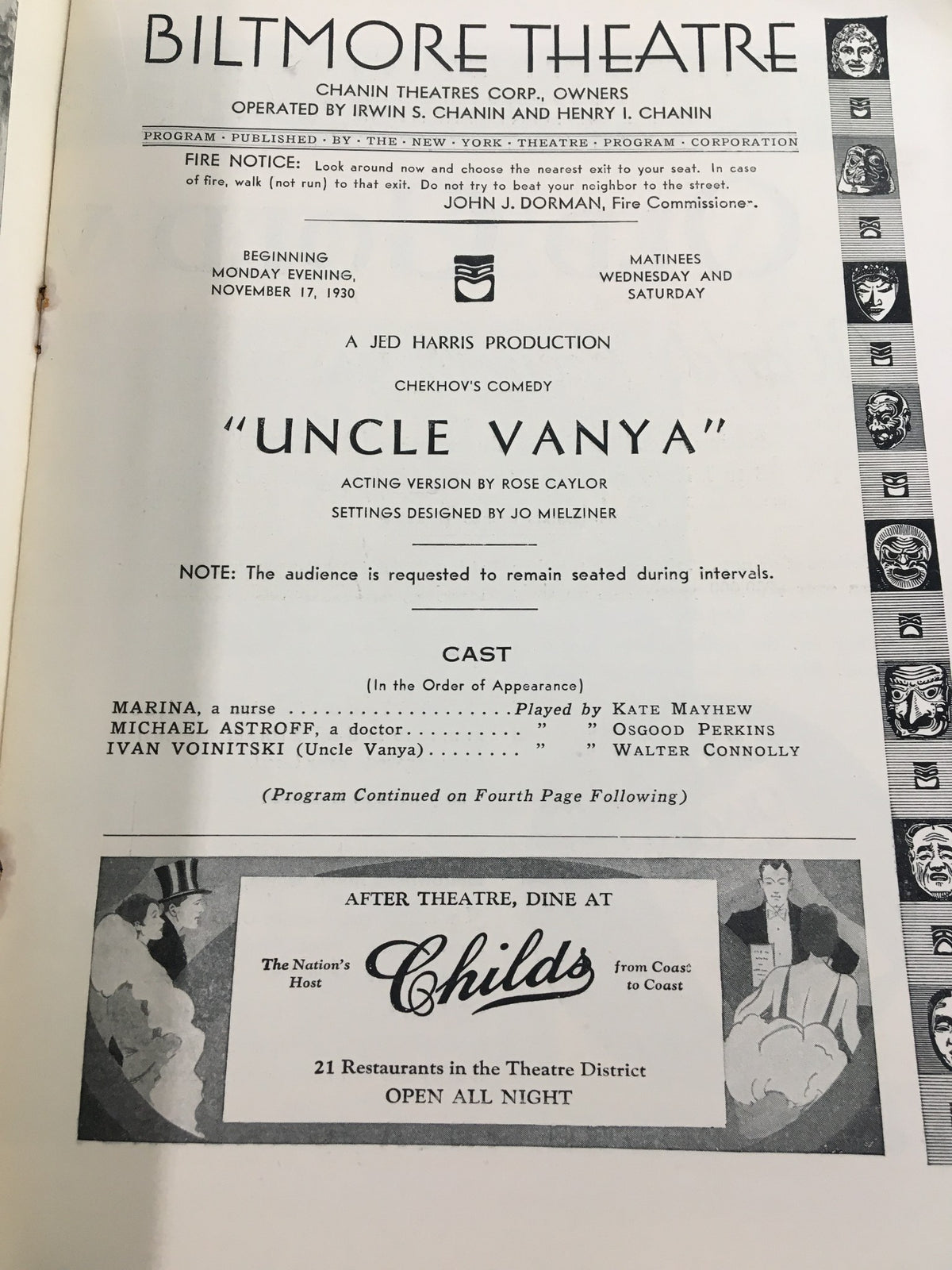 Interior page of the 1930 Biltmore Theatre magazine featuring 'Uncle Vanya,' listing cast members and production details for the classic play.