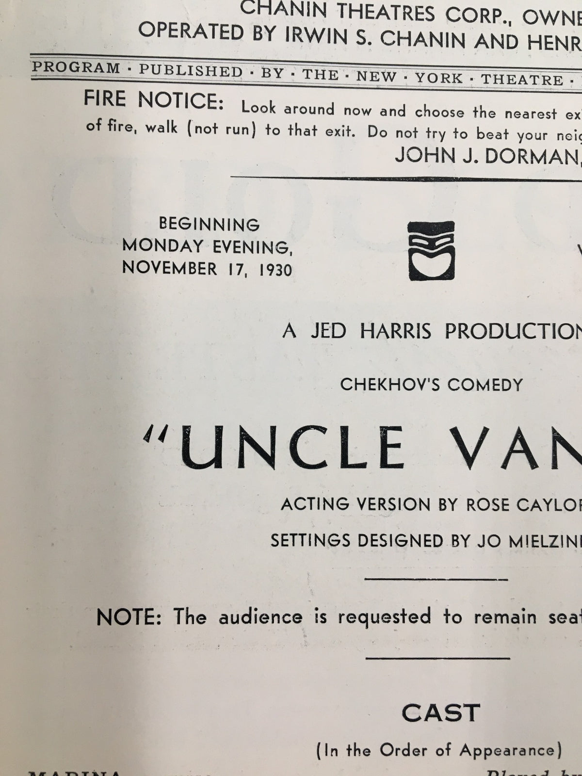 1930 Biltmore Theatre program cover featuring Chekhov's comedy "Uncle Vanya" with details of the performance beginning on November 17, 1930.