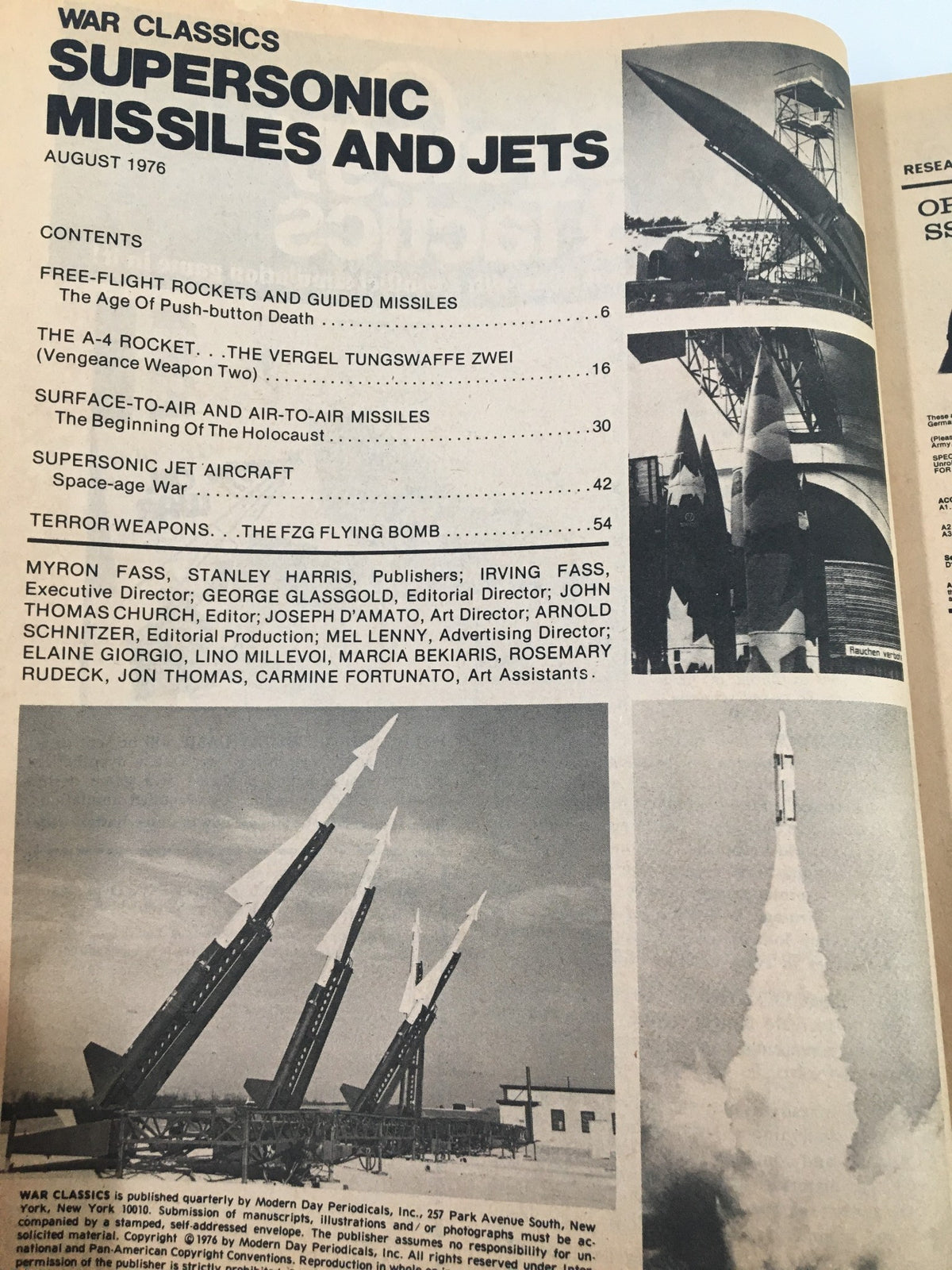 Contents page of the VTG War Classics Magazine August 1976, featuring an overview of articles on supersonic missiles and jets, illustrating the magazine's historical insights into aviation and military technology.