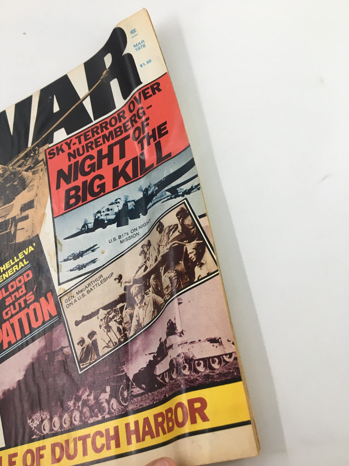 Close-up of the cover of VTG True War Magazine March 1978 showing the title and details about General Patton, alongside visuals of military operations during WWII.
